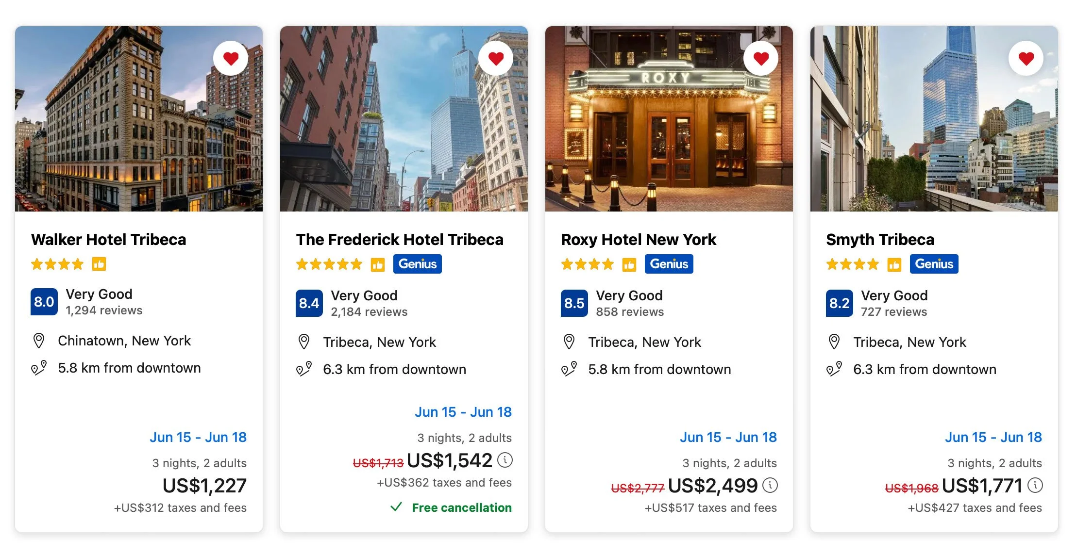 Four boutique hotels in Tribeca — OTA competitive visual positioning analysis