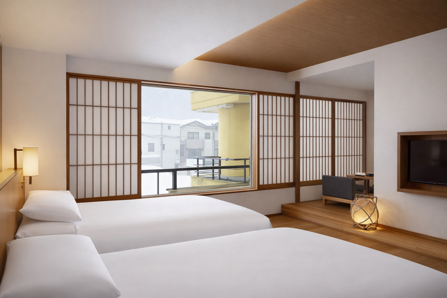 A modern hotel room with two beds, a large window showing a snowy scene, a small seating area with a chair and table, a flat-screen TV, and wooden accents.