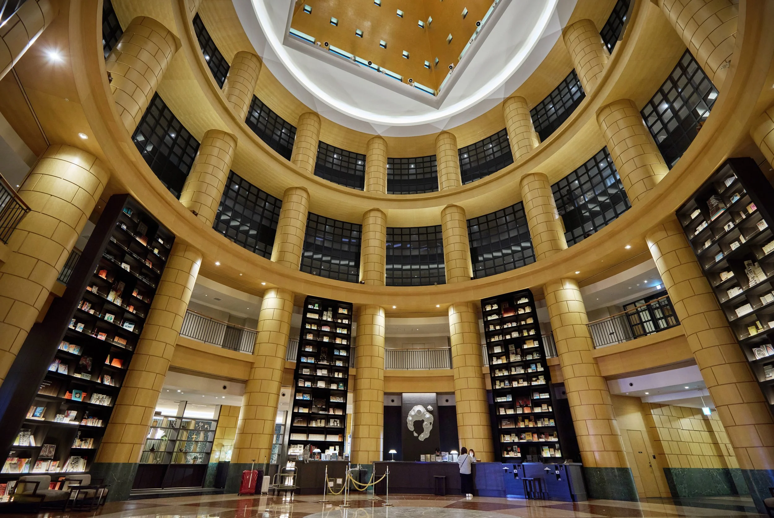 Grand atrium lobby featuring multi-story architectural symmetry and integrated library walls, designed to create a dramatic sense of arrival and spatial identity.