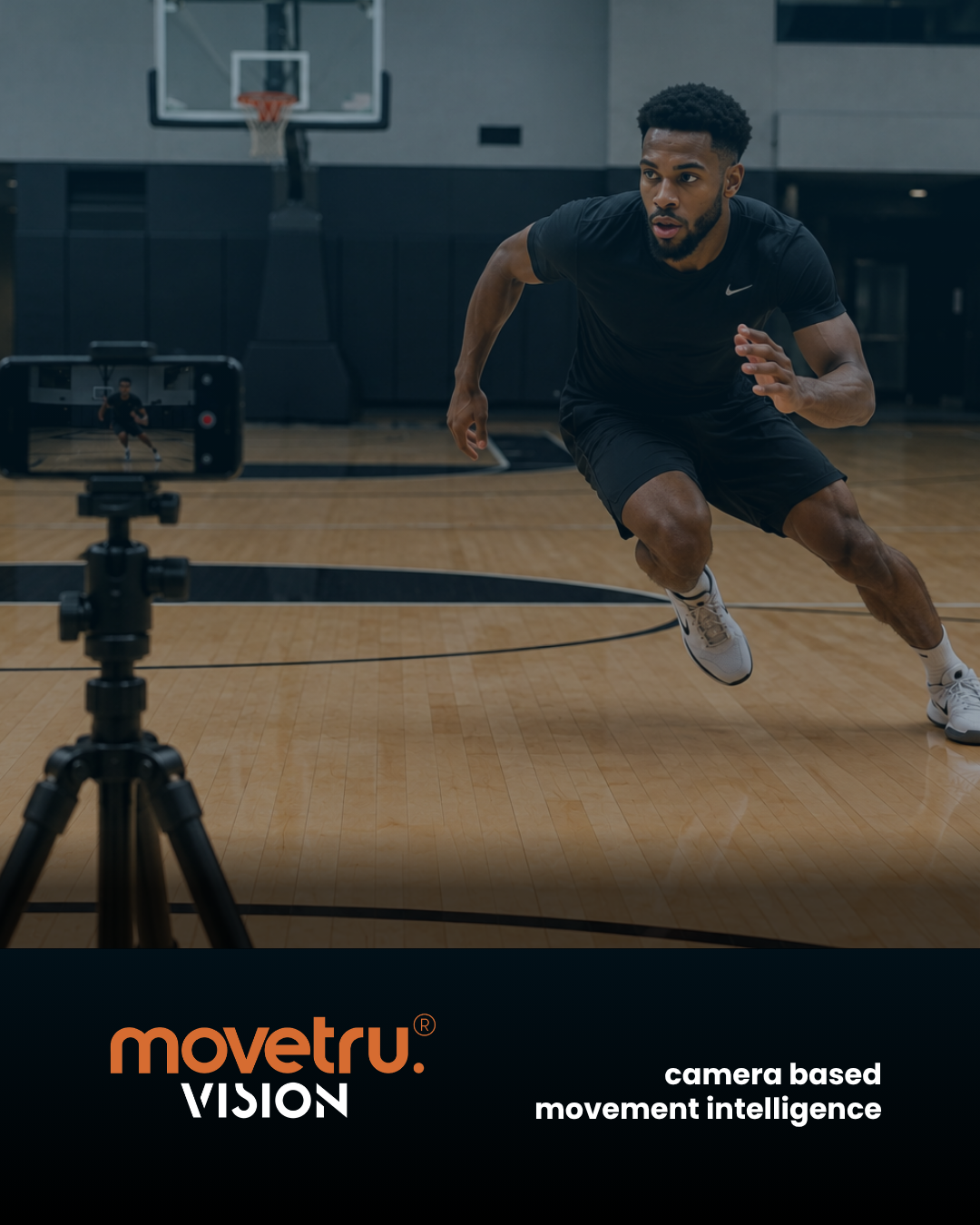 Athlete on court using Movetru VISION, iPhone camera on tripod