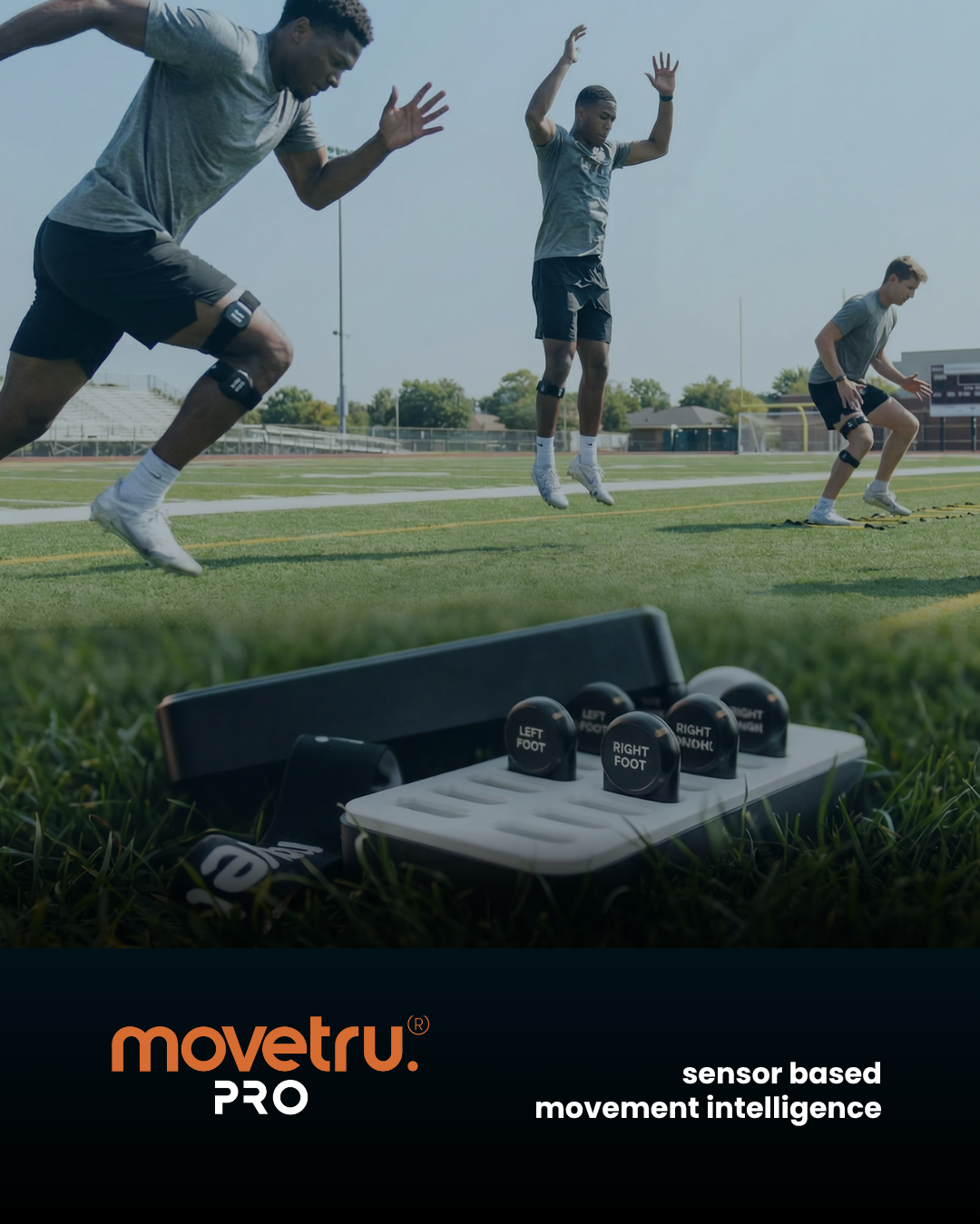 Three athletes on field working out with Movetru PRO sensors