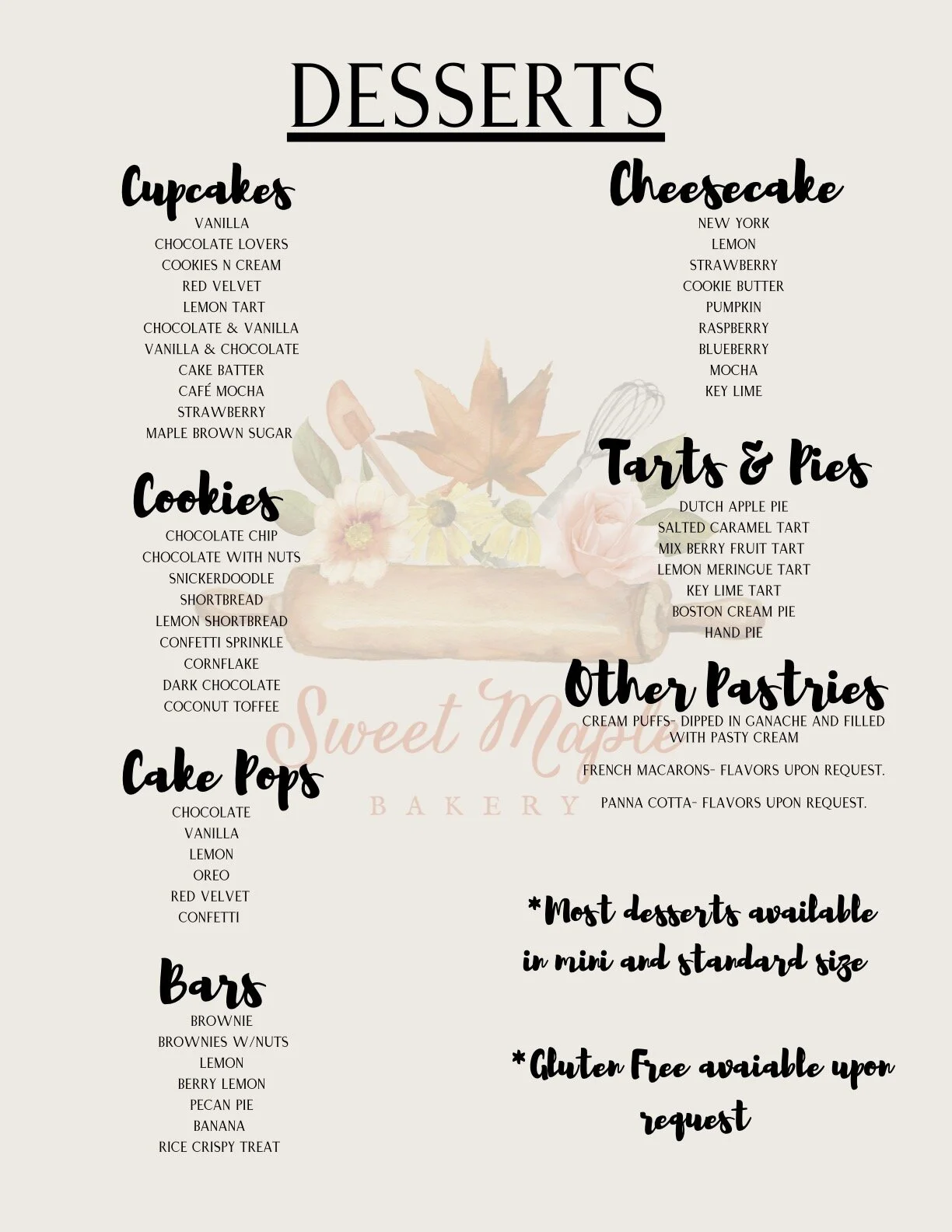 Sweets Option Menu Gallery 1 — Sweet Maple Bakery