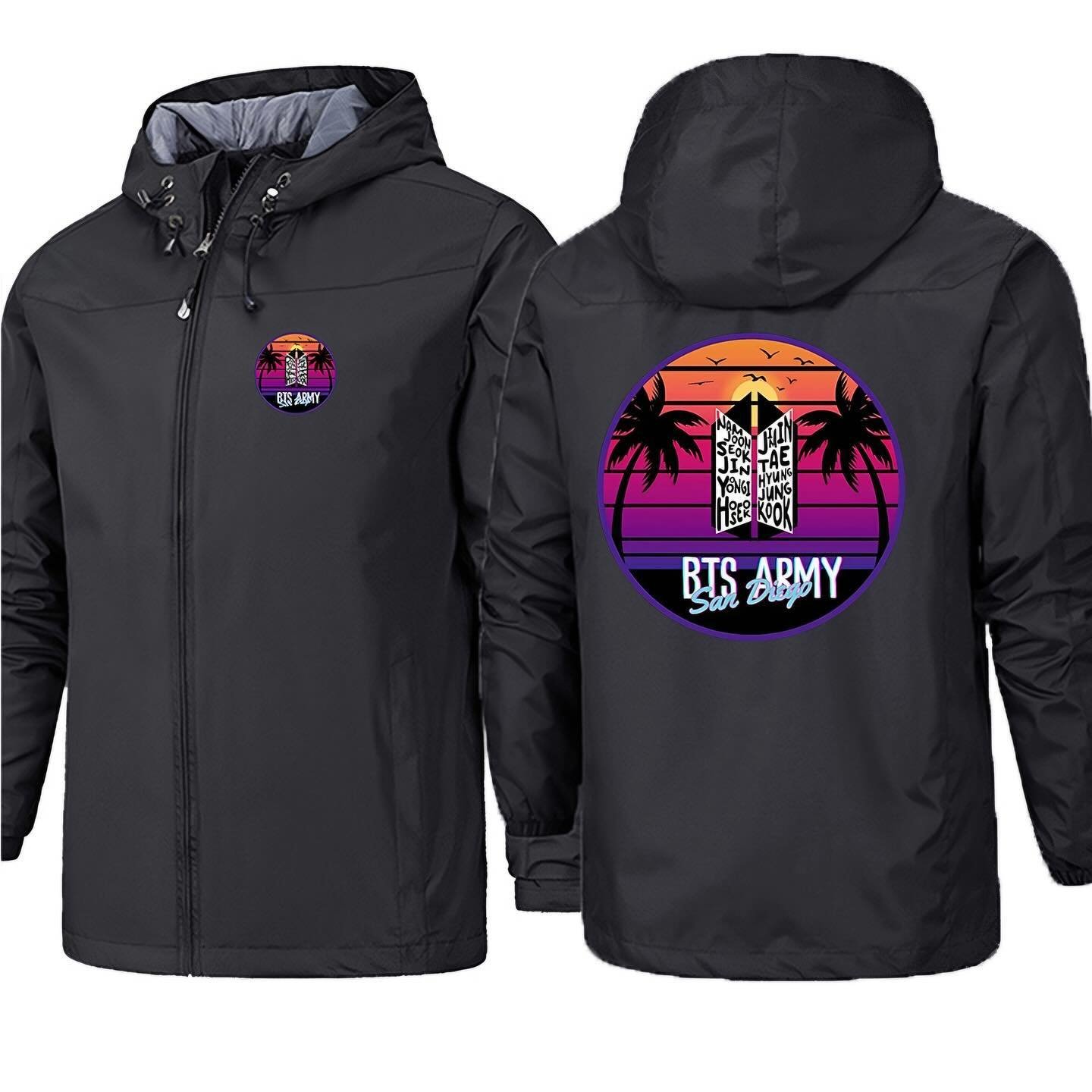 San Diego BTS ARMY Hooded Jackets! Made specifically for ARMY by ARMY with a different design on each color. Store link in bio! BTS logos with the fanchant laid over scenic SD lifestyle images. The combo will make you think we live in BU-SAN DIEGO! T