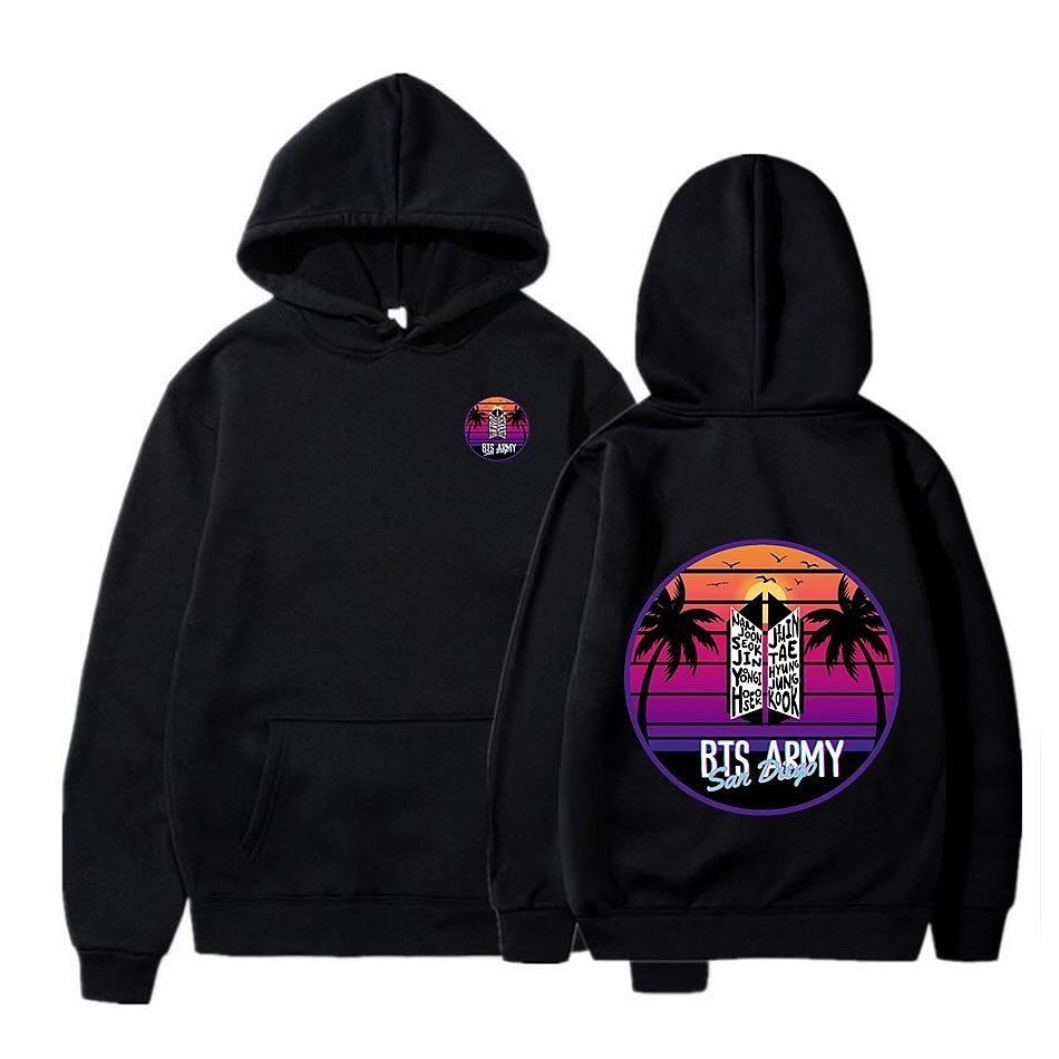 SD BTS ARMY top 3 in theater sales for D DAY at the movies, that&rsquo;s a cold fact. Let&rsquo;s warm that up with some SD BTS ARMY pull over hoodies! LINK IN BIO! The two palm trees, 7 birds &amp; sunset graphic graces these hoodies that are offere