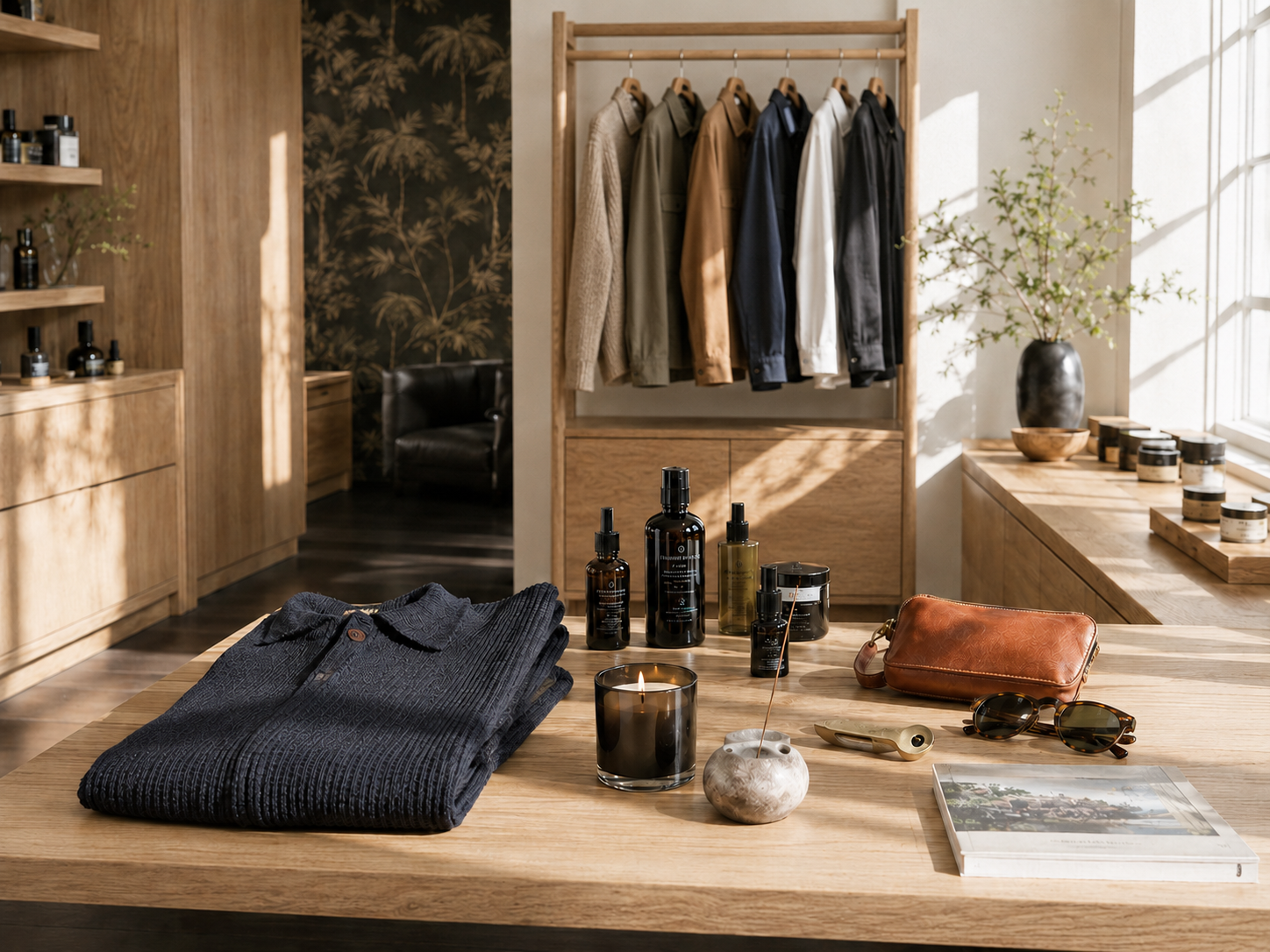 Clothing, apothecary products, leather accessories, candles and home goods displayed inside Crockett & Co. in Buffalo.