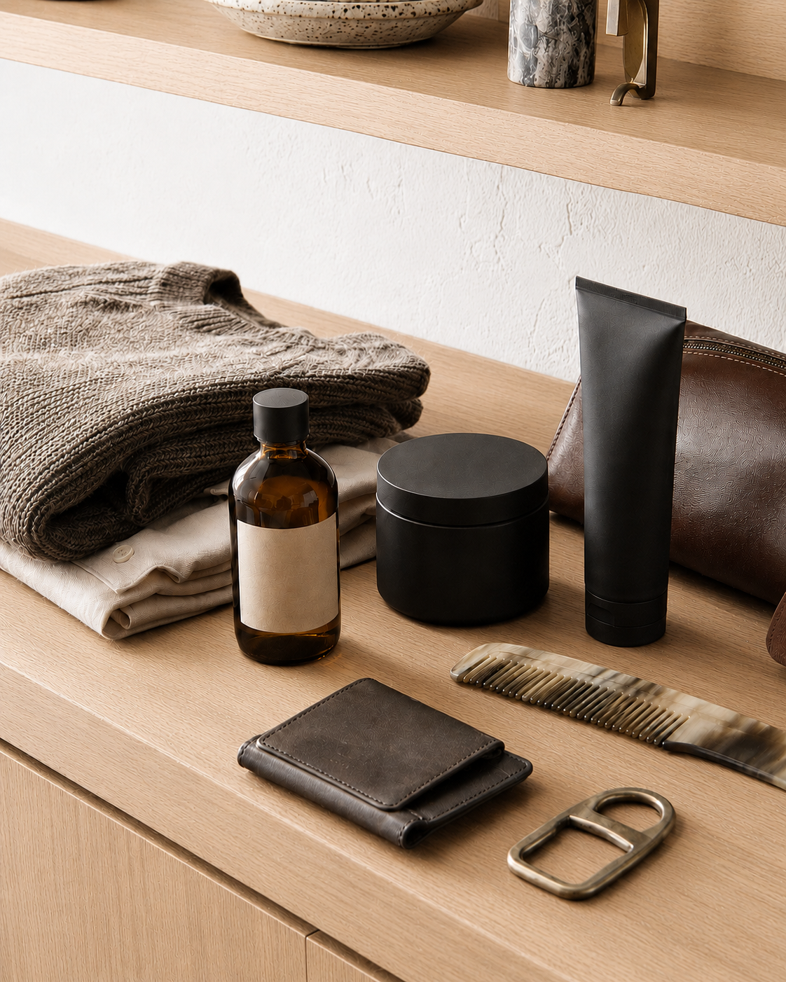 Curated grooming products, folded knitwear, leather goods, and a comb arranged on pale oak shelving.