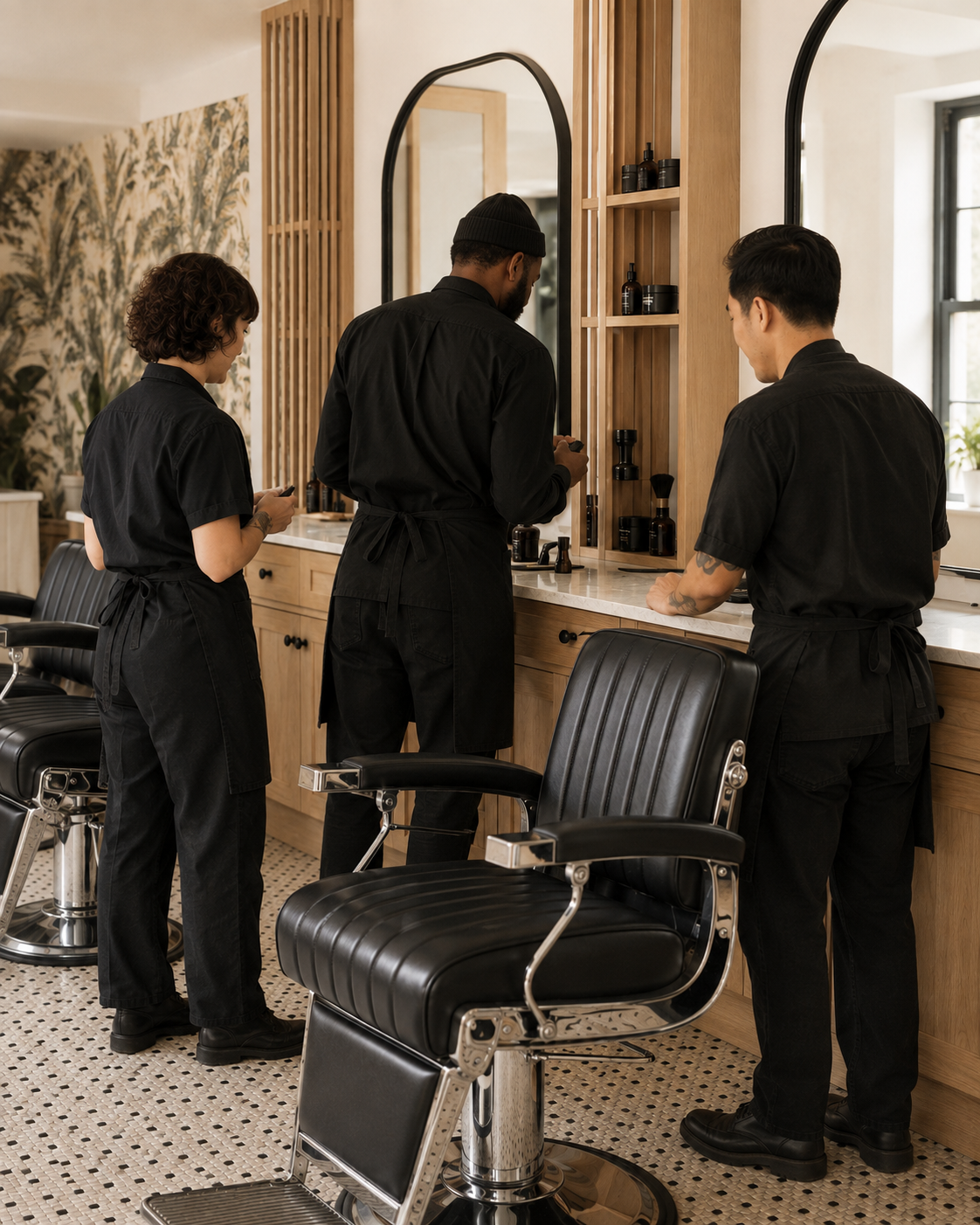 barber-team-buffalo.jpg Three barbers gathered at pale oak stations beside a black leather barber chair in a bright modern studio.