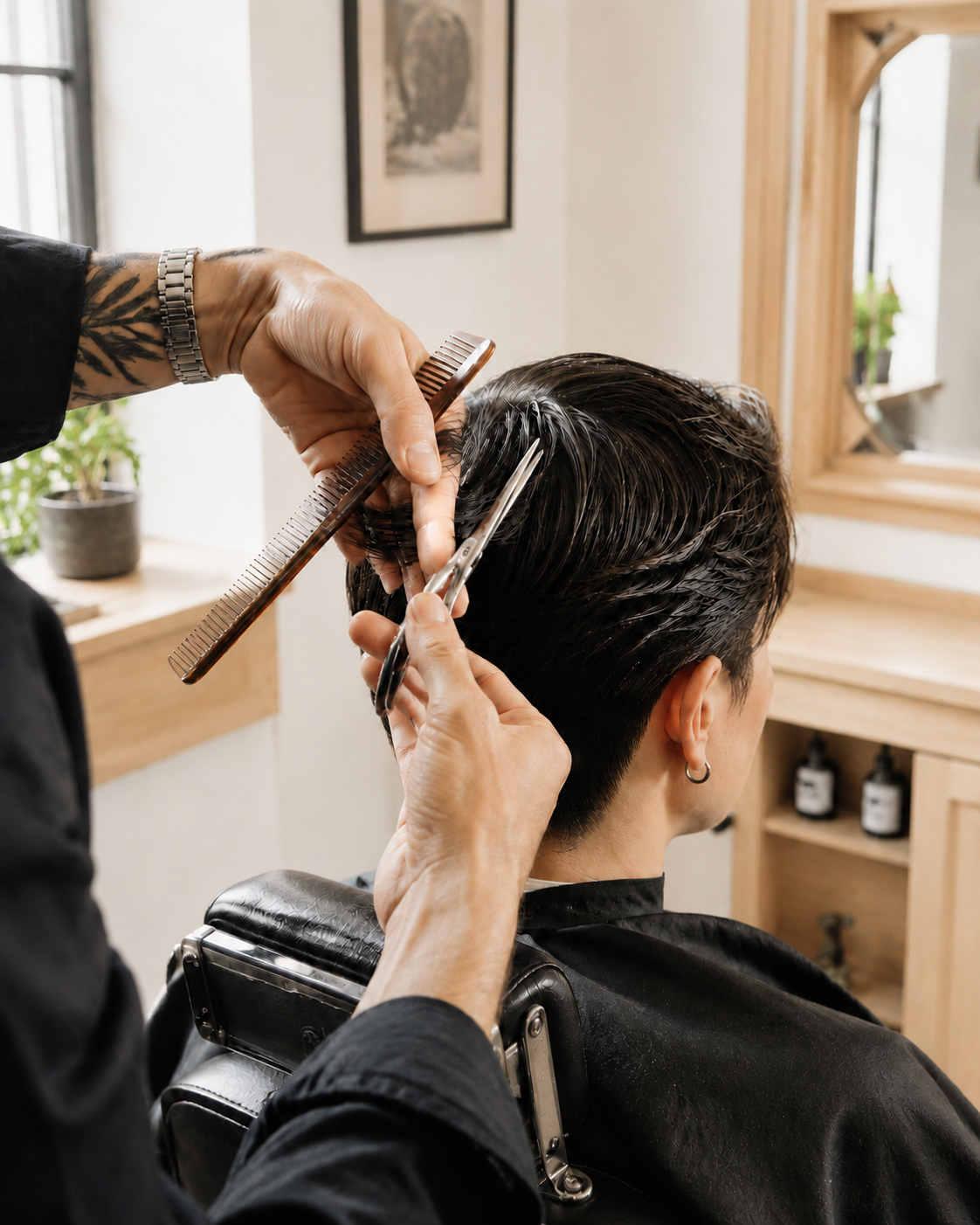 Barber using scissors and a comb to shape a short haircut in a bright oak-trimmed studio.