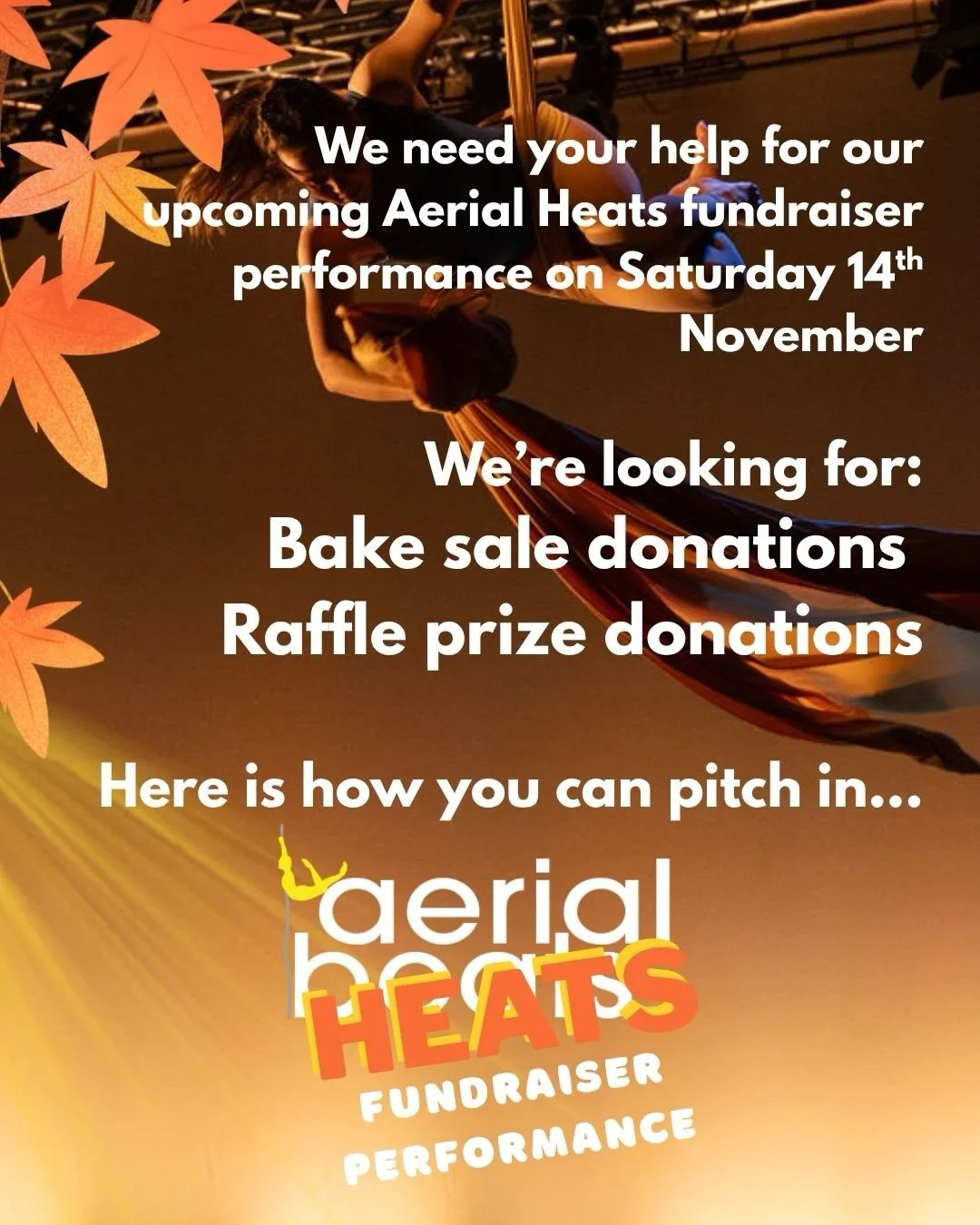 Bake off got you inspired??? 

We are looking for some wonderful people to bake and donate for our upcoming Aerial Heats Fundraiser Performance! 

Bake Sale Volunteers
Got a favourite brownie or love icing fairy cakes? We are looking for delicious ho