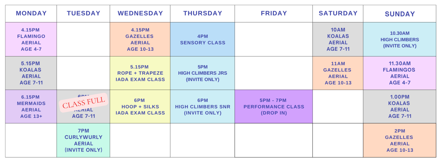 Weekly activity schedule with days of the week as columns. Each day has different colored time slots with activities and age groups listed, including aerials, classes, and exams for children aged 4 to 13.