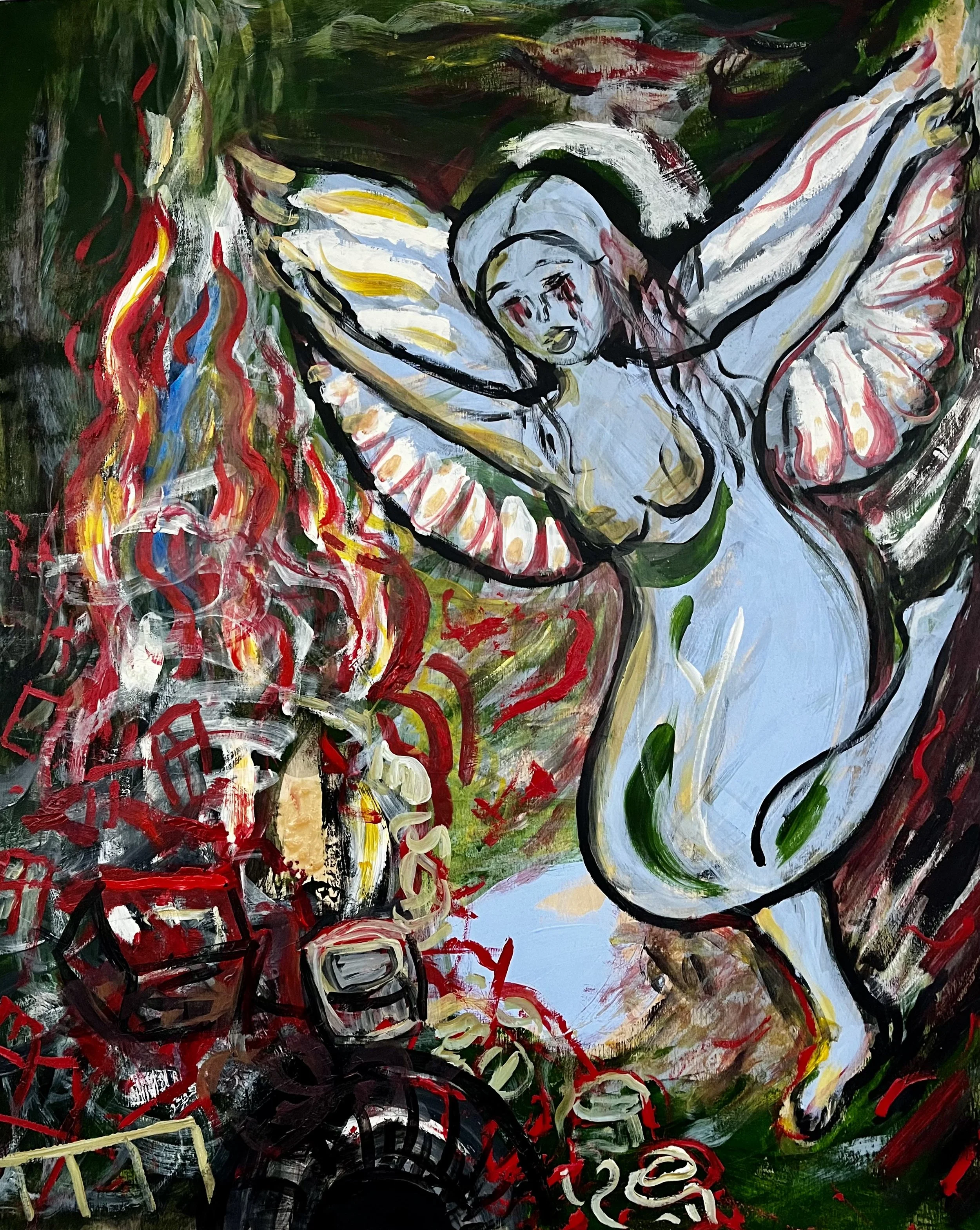 Angel of History, 2023, acrylic on wood panel, 32 x 24 inches 