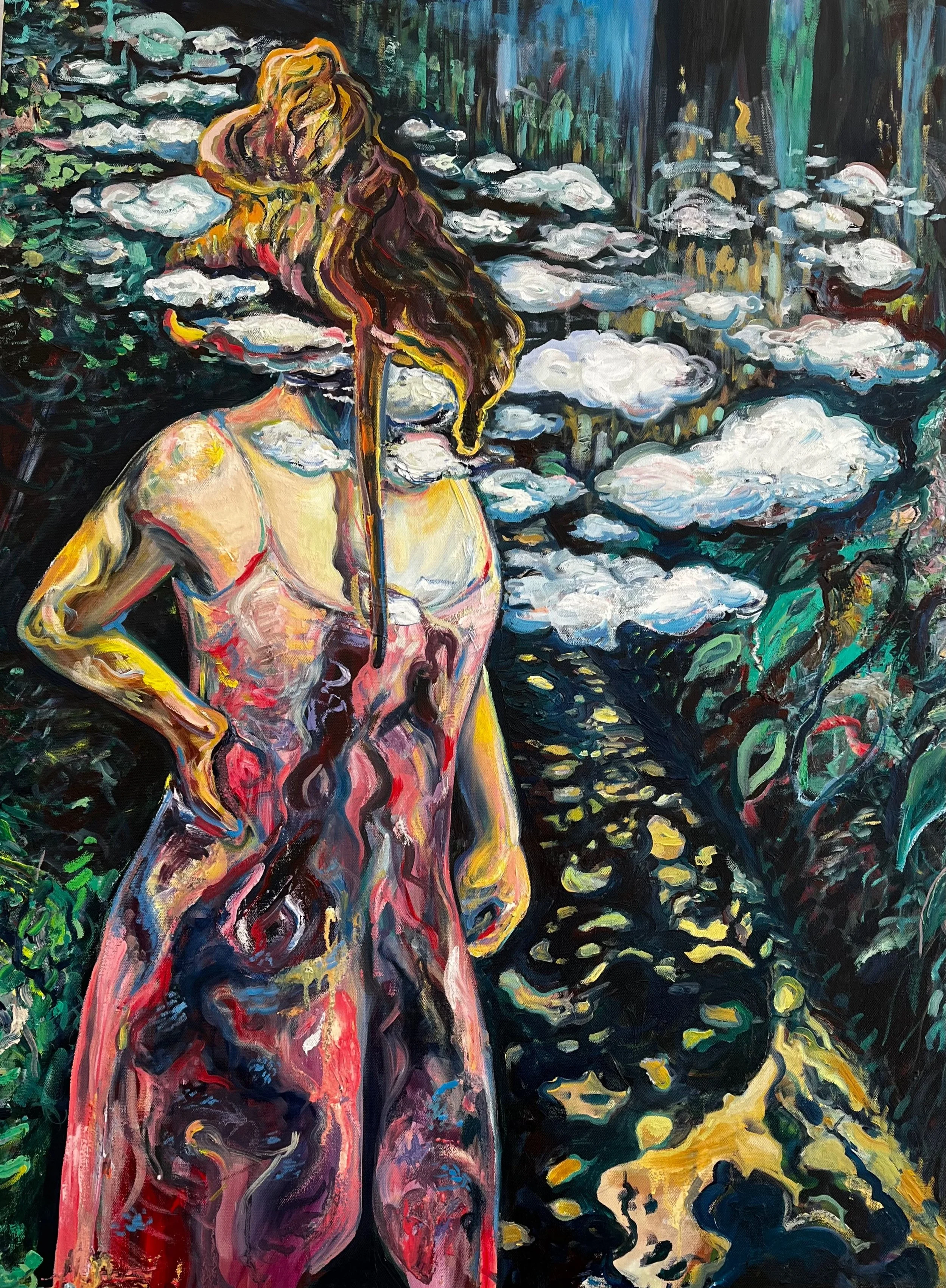 Cloud Head, Unroot, 2023, oil and acrylic on canvas, 30 x 40 in, available