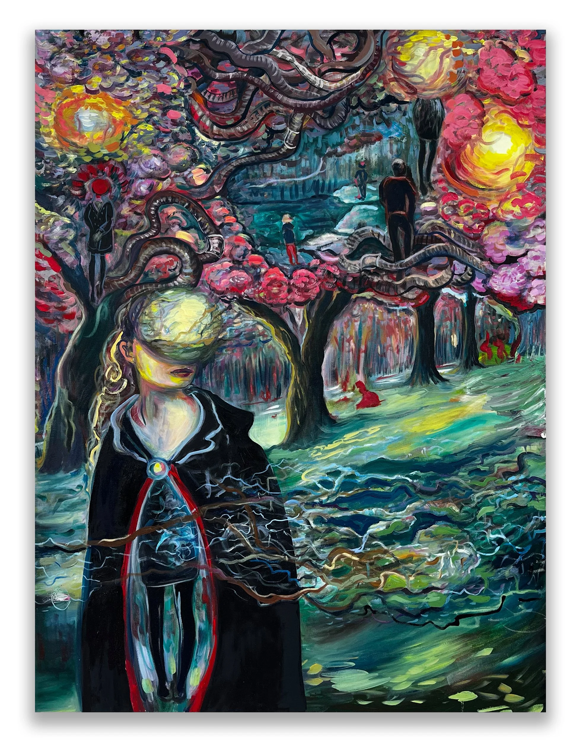 Cherry Blossoms and Worms in the Spring at Central Park, 2023, oil on canvas, oil and acrylic on canvas, available, This painting is based off a digital collage featuring photographic imagery from the spring in Central Park, various angles of self-po