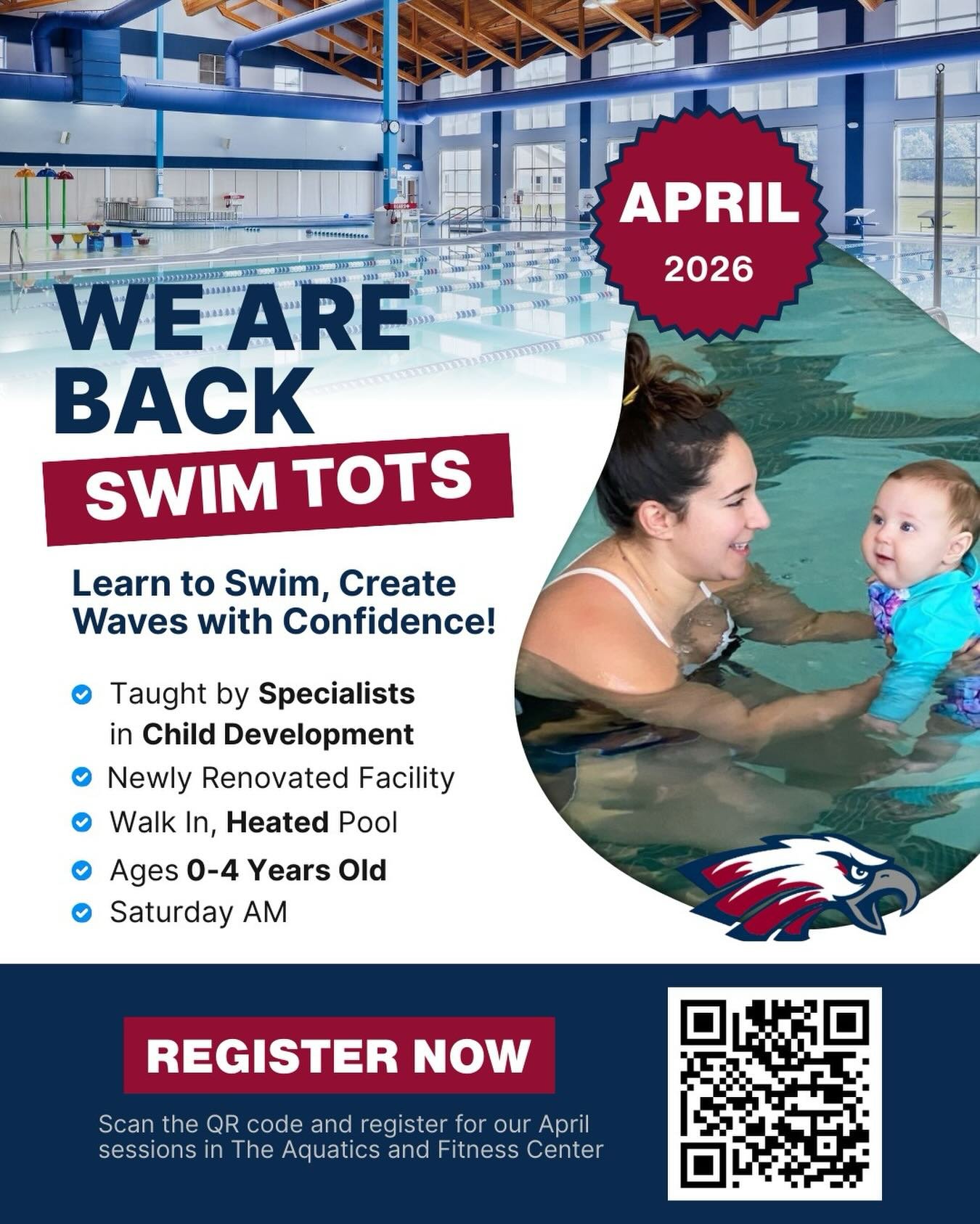 SWIM TOTS IS BACK!
Learn techniques to prepare your baby to swim independently, including floating, bubbles, kicking, arms, body position, and much more. We will sing, dance, swim, all while having lots of fun in the pool!

This class is designed 