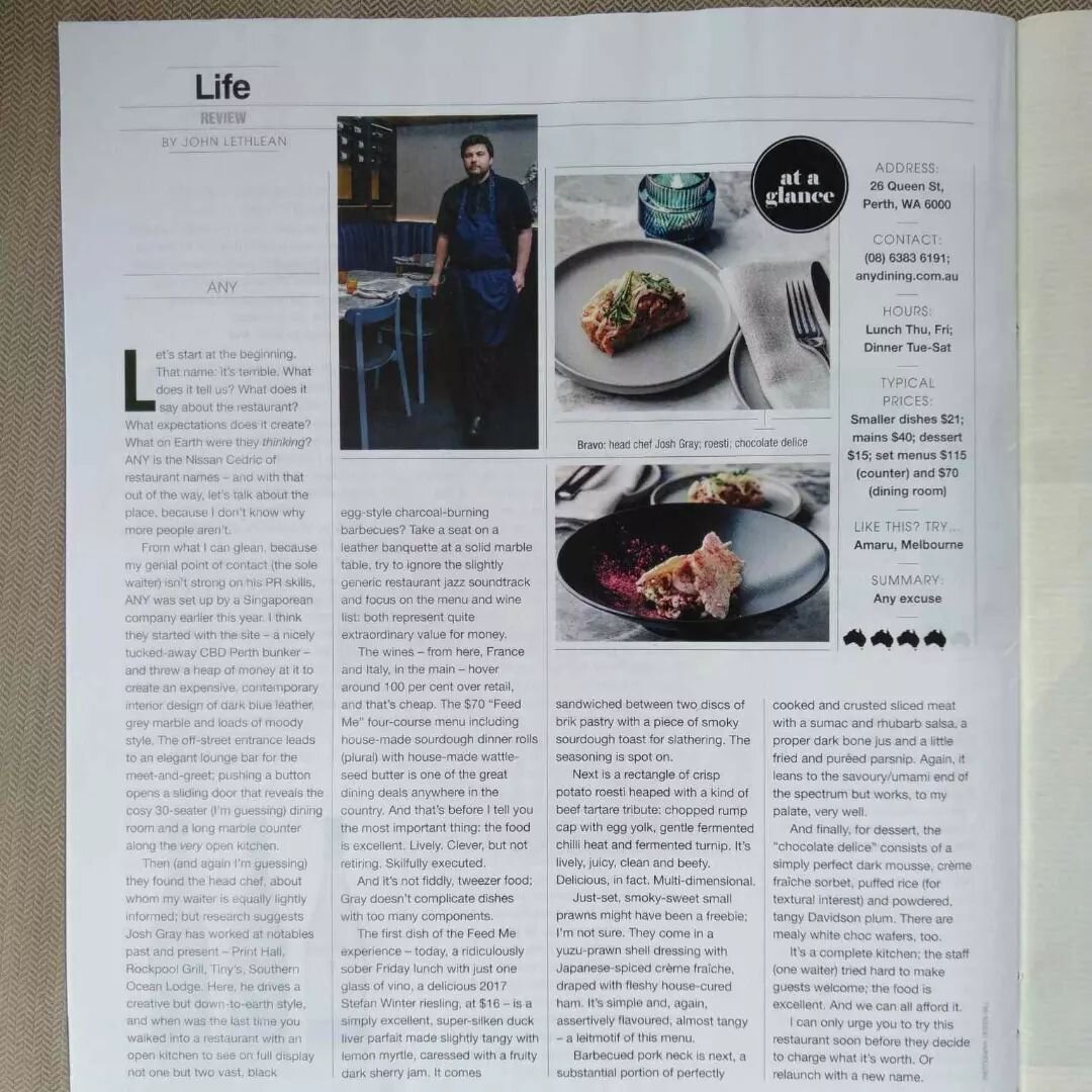 In today's Weekend Australian. Review by @johnlethlean 

What a pleasure it was to have captured a small slice of the @any.perth dining experience. In the words of Mr Lethlean, 'delicious, in fact. Multi-dimensional' This place deserves more attentio