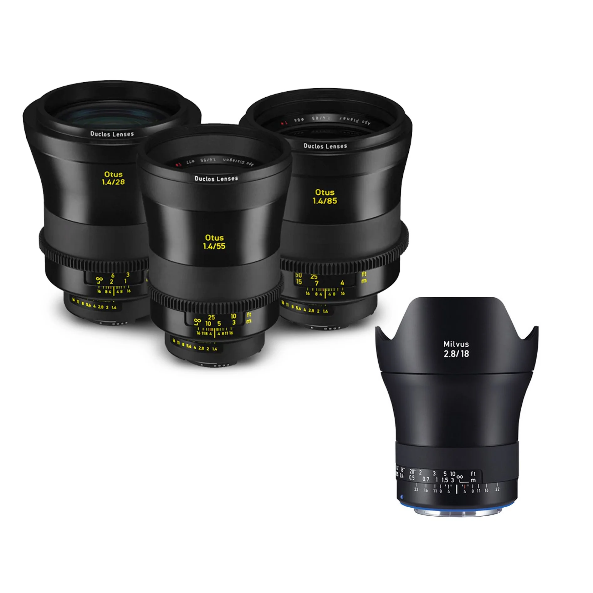 Four camera lenses with yellow markings and one lens hood labeled 'Milvus 2.8/18'.