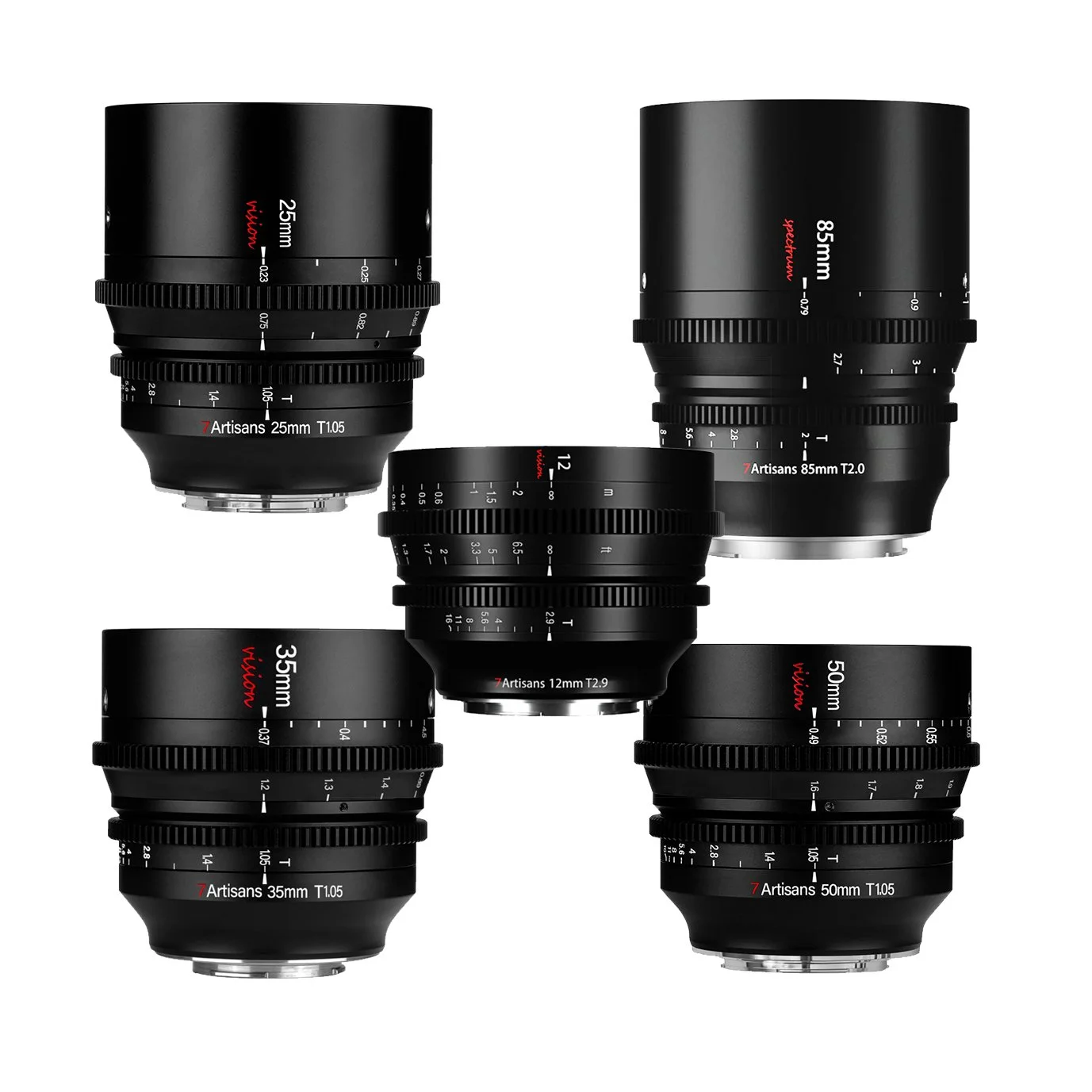 A collection of five black camera lenses with different focal lengths labeled with white and red text, arranged in a group against a plain white background.