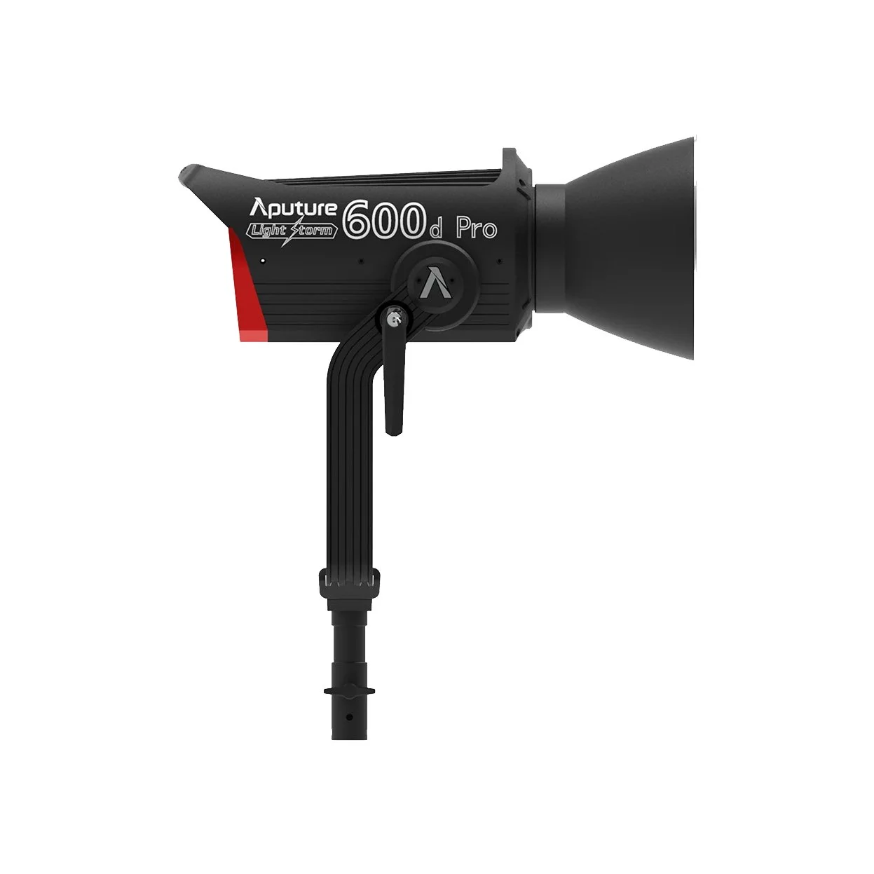 A professional photography strobe light labeled 'Aputure Light Storm 600d Pro' with a flash tube and a reflector.\