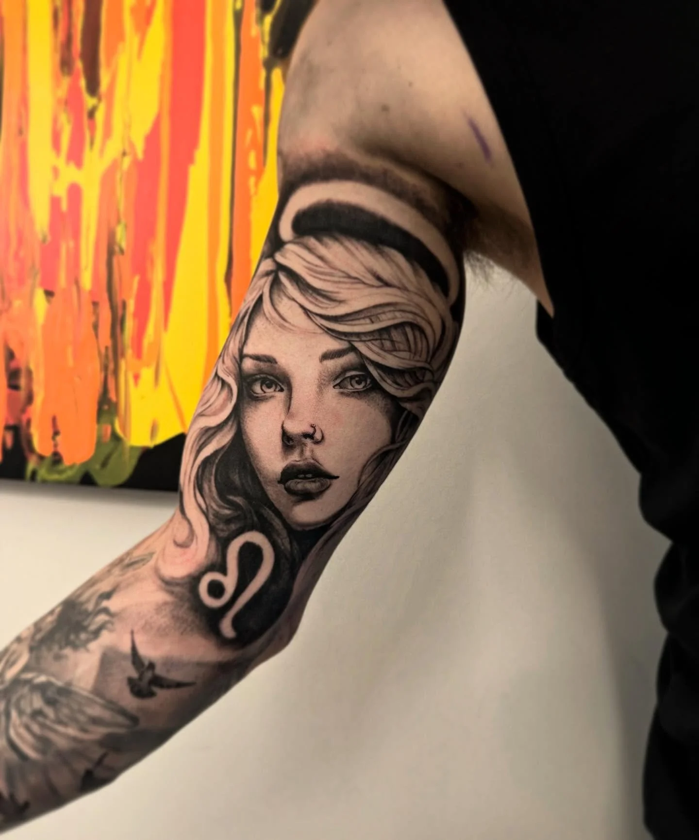 Bicep piece for Jack,  to add to his angel/good side sleeve . 
.
.
.
.
.
.
.
#blackandgreytattoo #blackandgreyrealism #tattoo