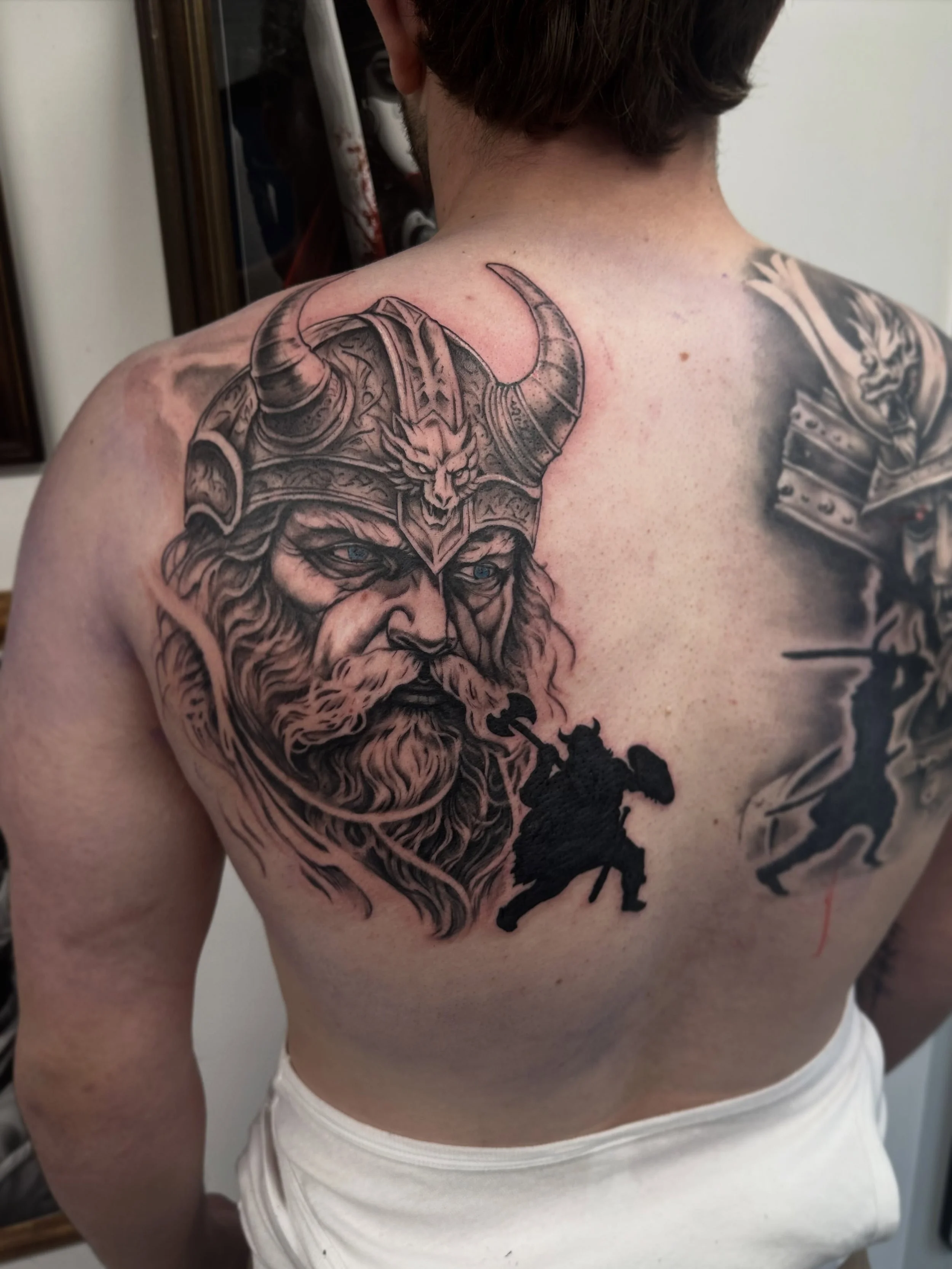 Taking bookings now ⚡️
.
WIP ⚡️
Added a Viking next to the samurai I did a while back for @james_monson_ 
Next session I&rsquo;m filling the centre to lock the whole piece together.
More coming soon.​​​​​​​​​​​​​​​​​​​​​​​​​​​​​​​​​​​​​​​​​​​​​​​​​​
