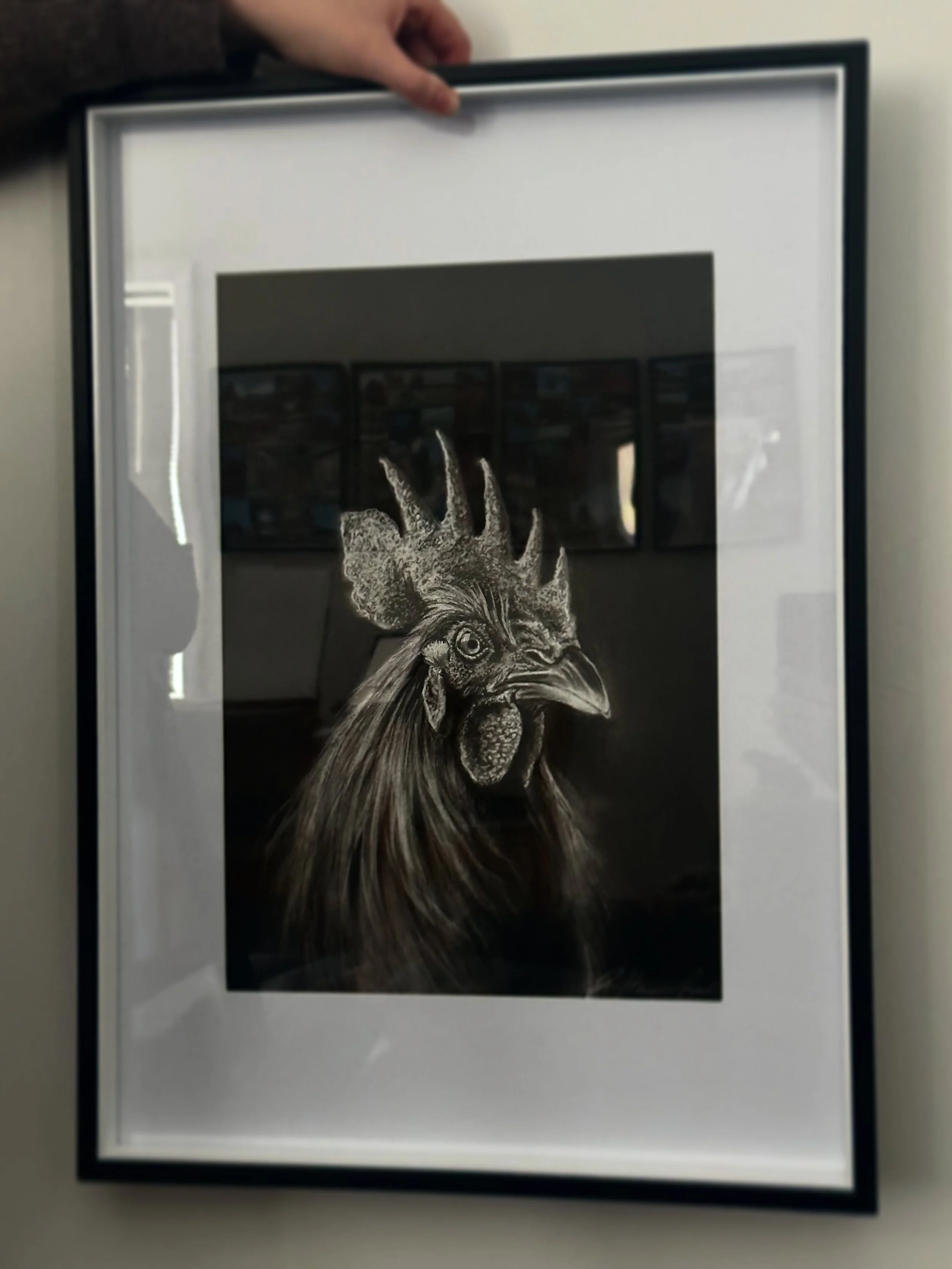 More charcoal practice, that turned into a gift 🐓.
..
.
. 
(Had to repost because I used AI to remove my wife&rsquo;s hand and the reflection on the last photo, which made it say AI content 😂) 
.
.
.
..
.
.
#charcoaldrawing #charcoalart