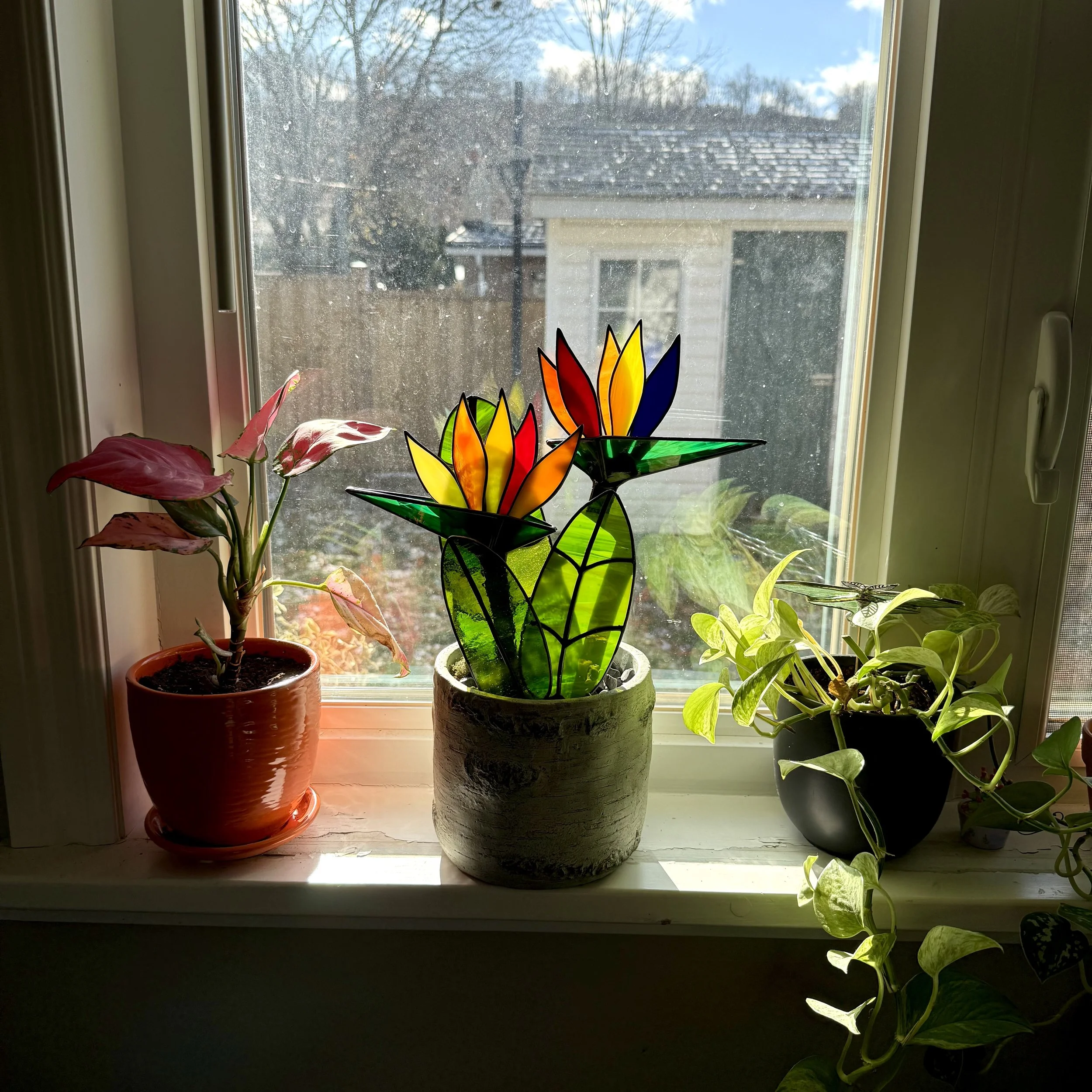 Stained Glass Birds of Paradise Plant Sculpture