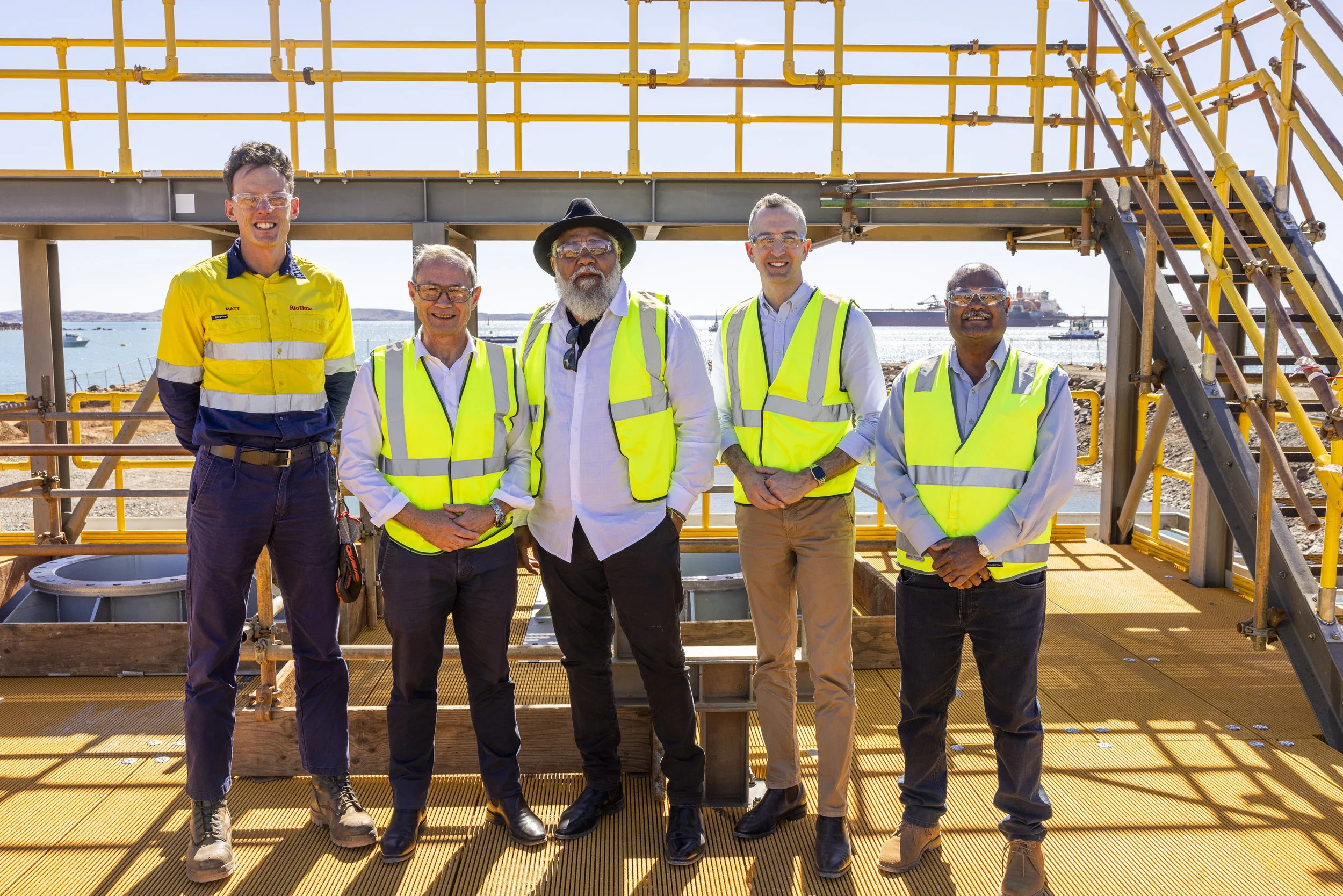 Wa Premier Roger Cook and his state colleagues, joined by Riot Tinto Iron Ore CEo Matthew Holcz and Yindjibarndi Chairman Michael Woodley on Monday.