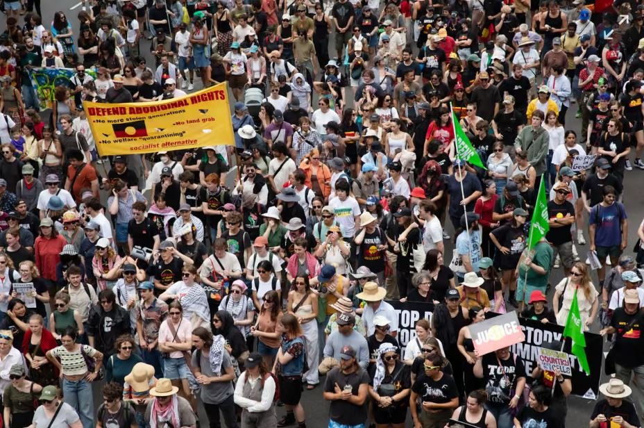 People marched at Invasion Day 2026 rallies around the country, when an alleged bomb was thrown into crowds at a rally in Perth. Image: The Guardian