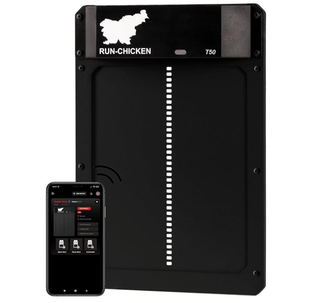 RUN-CHICKEN Door T50 – Automatic Chicken Coop Door Opener, Battery Powered & Weatherproof Aluminum, Smart App & Timer Control, Predator Proof, Easy Install, Reliable All-Season Performance (Onyx)
