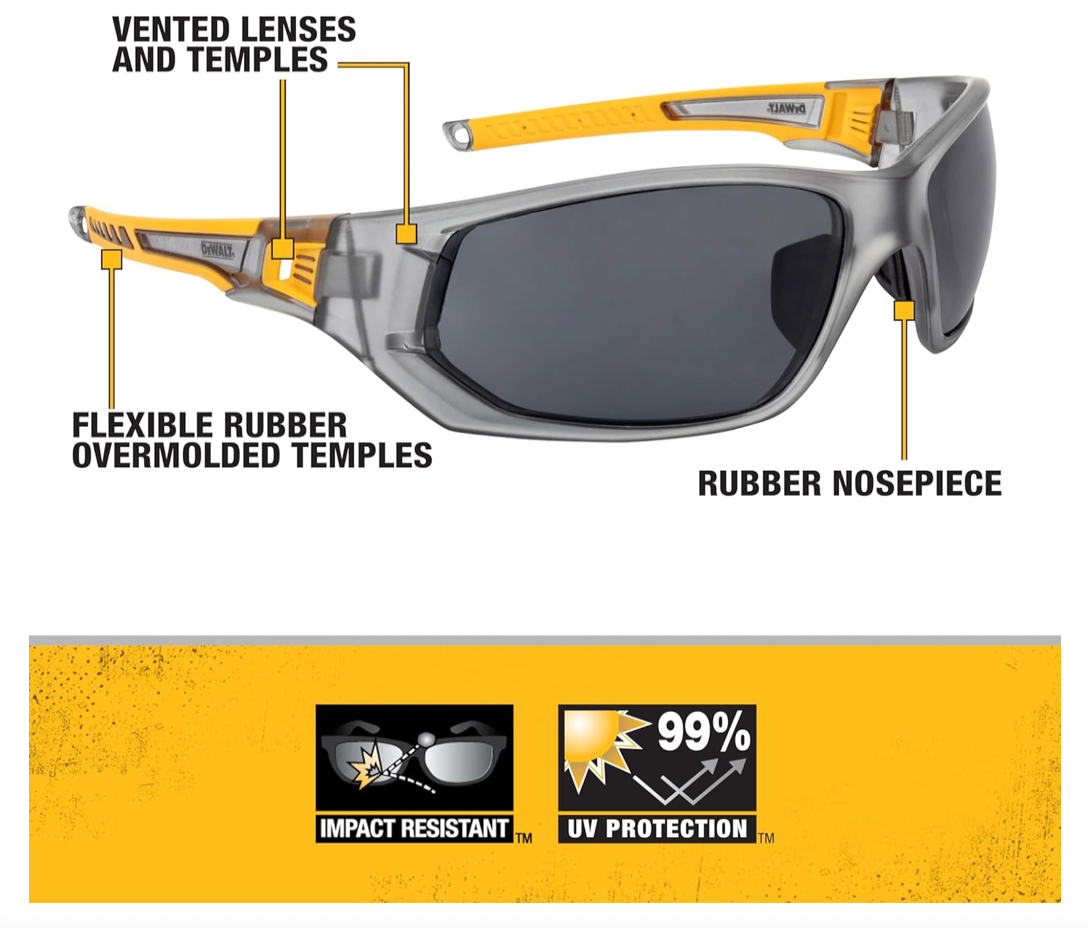 DEWALT Premium Vented No-Slip Safety Glasses – Smoke Lens