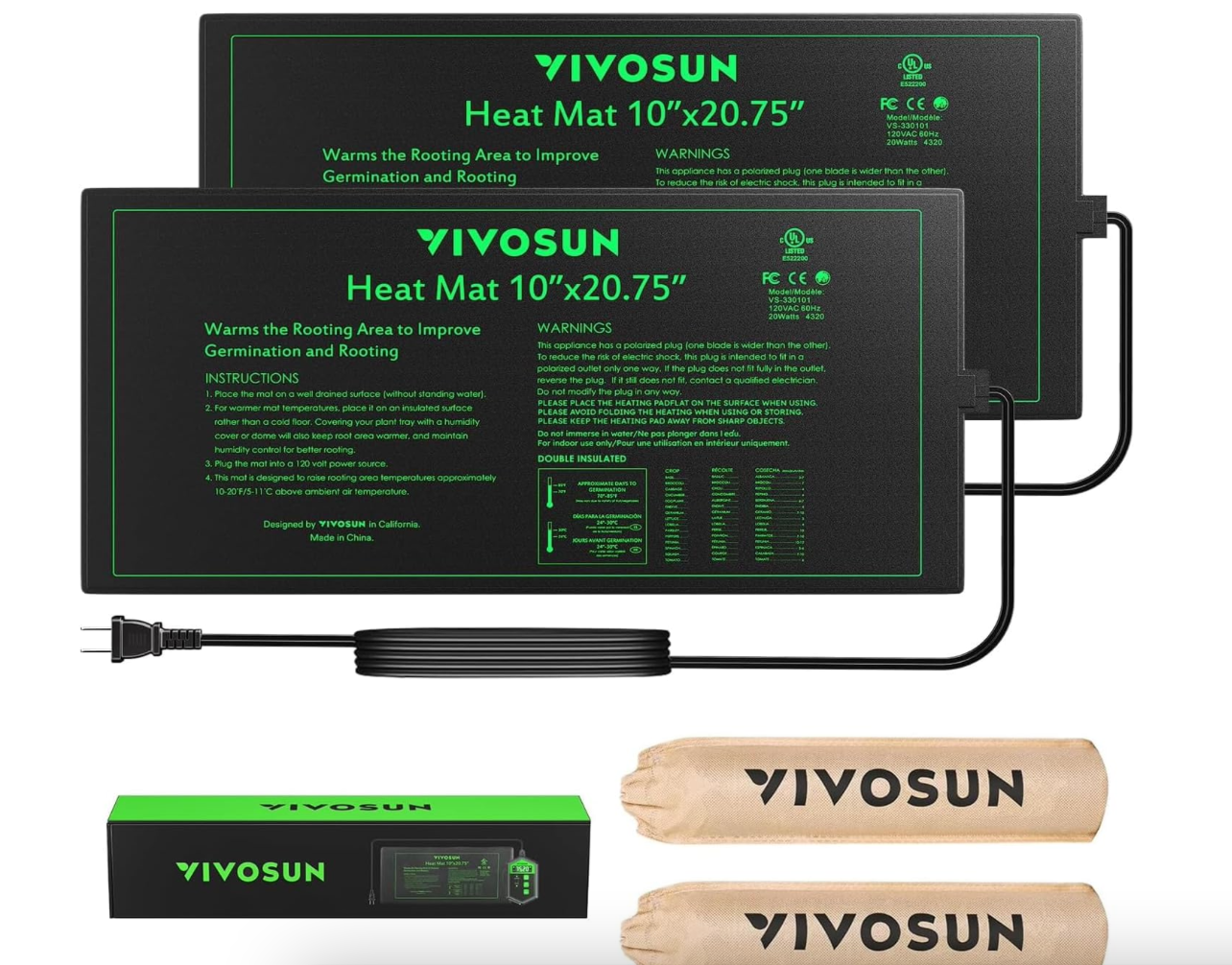 VIVOSUN 2 Pack Durable Waterproof Seedling Heat Mat for Germination (10" x 20.75") UL & MET-Certified