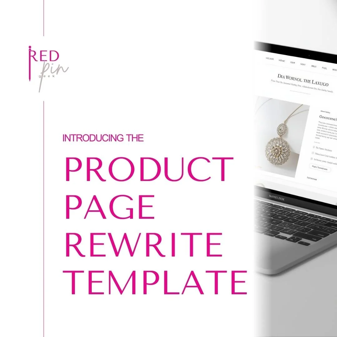 Product  Page  Rewrite Template graphic with a jewelry website on a laptop