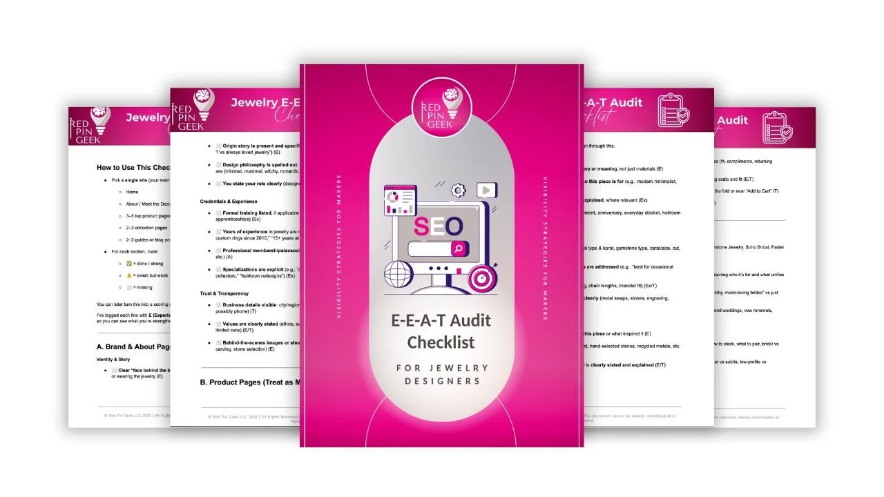 E-A-T audit checklist for jewelry designers, with a pink cover showing icons of a computer, magnifying glass, and globe.