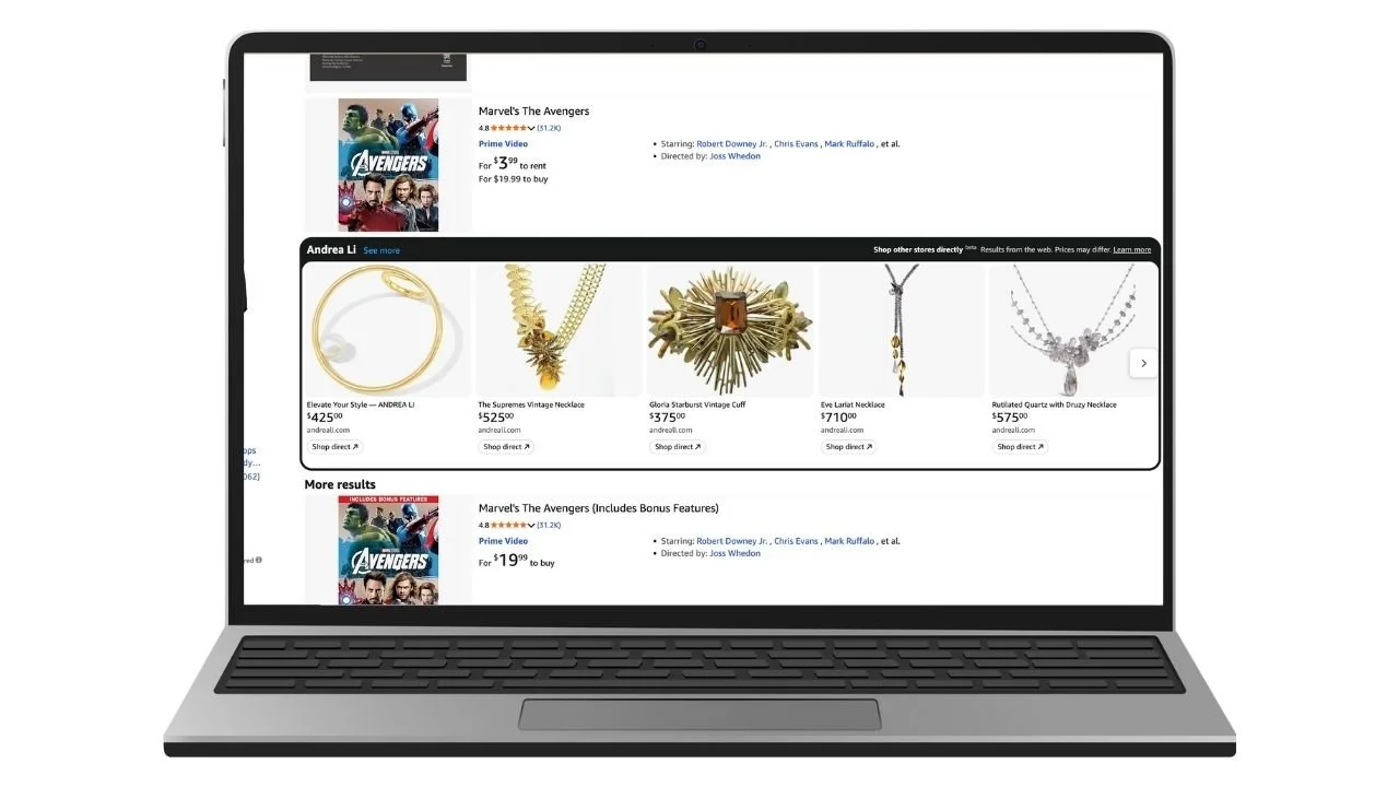 computer mockup with search results on Amazon displaying my jewelry products