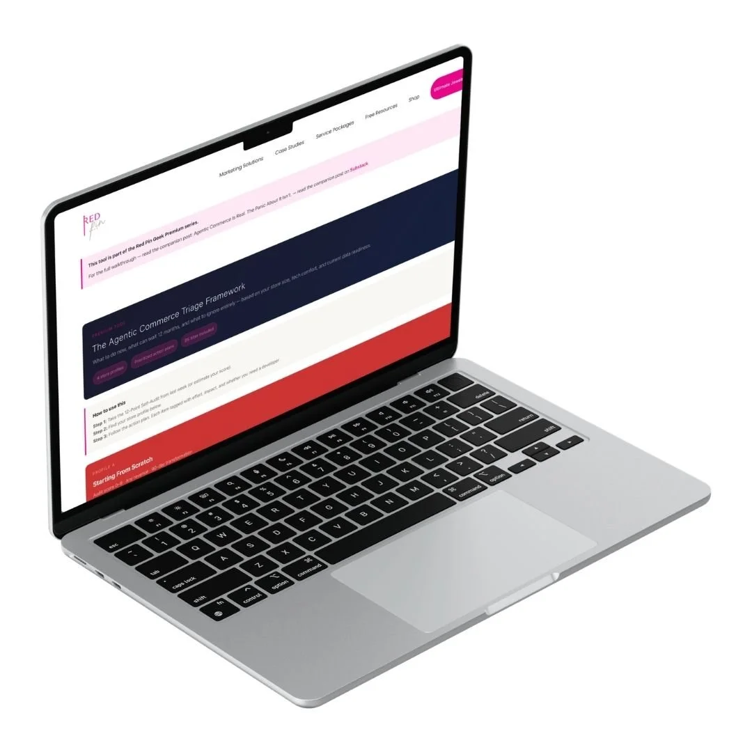 ngled laptop mockup displaying the Red Pin Geek Agentic Commerce Triage Framework page on a light gray background.