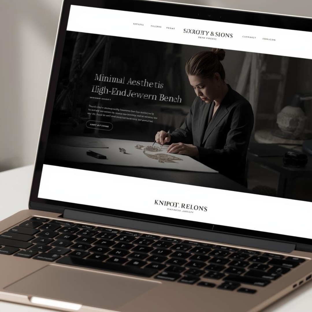 About page with the designer working on a website displayed on a laptop