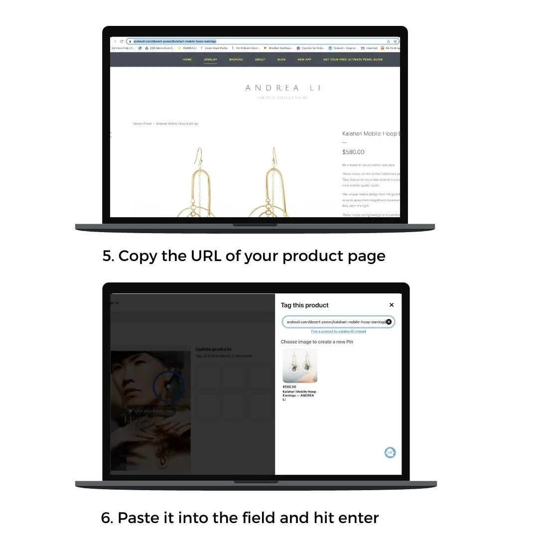 computer mockups with screenshots on how to tag your products on Pins published on Pinterest