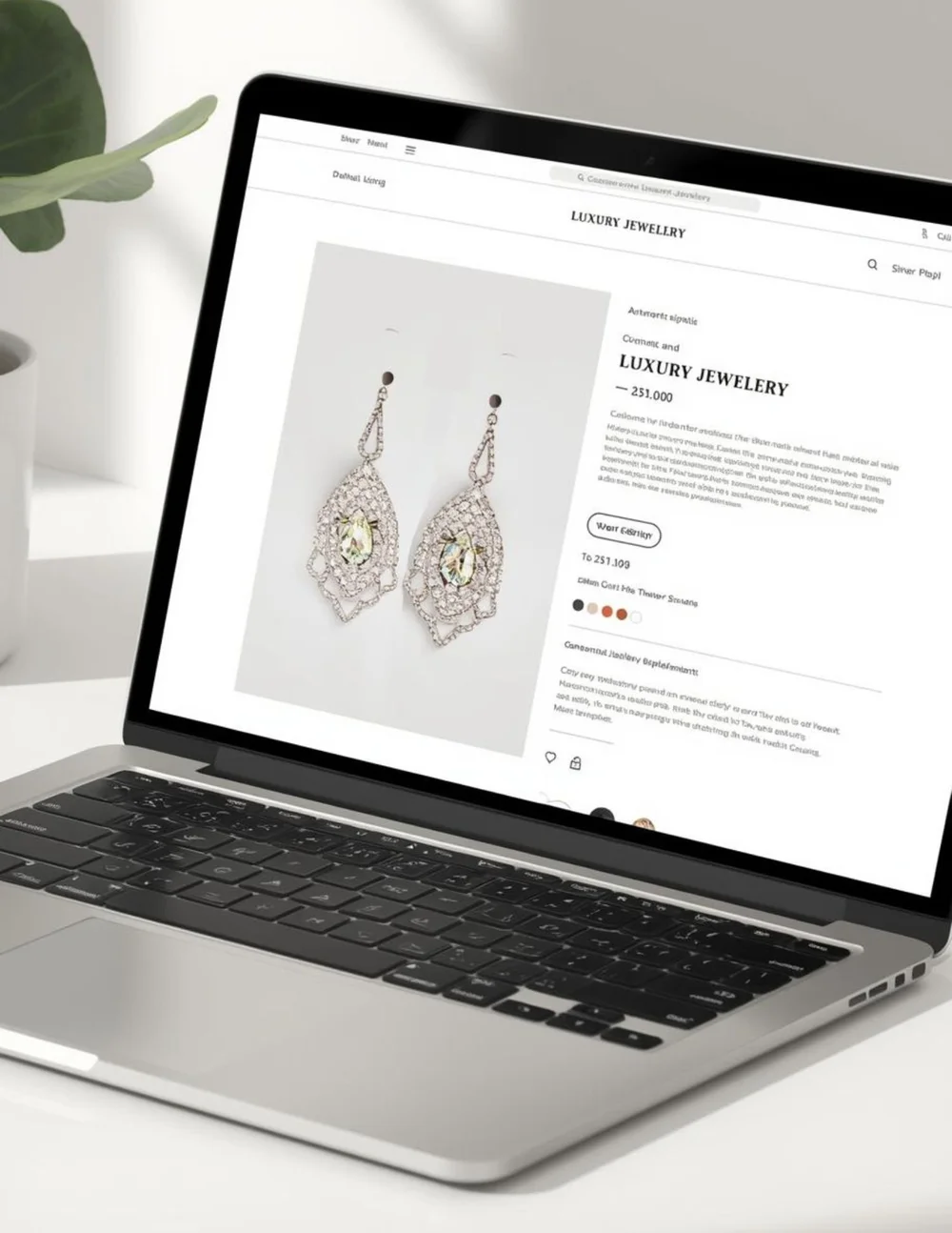 A laptop showing a jewelry product page with a pair of crystal drop earrings, beside a green plant