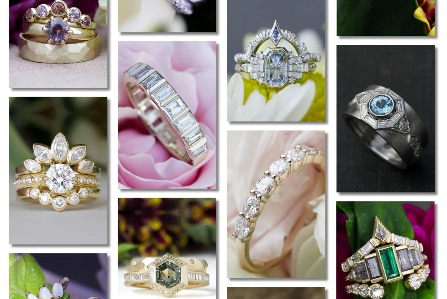 A grid of custom Pinterest pin designs of engagement rings