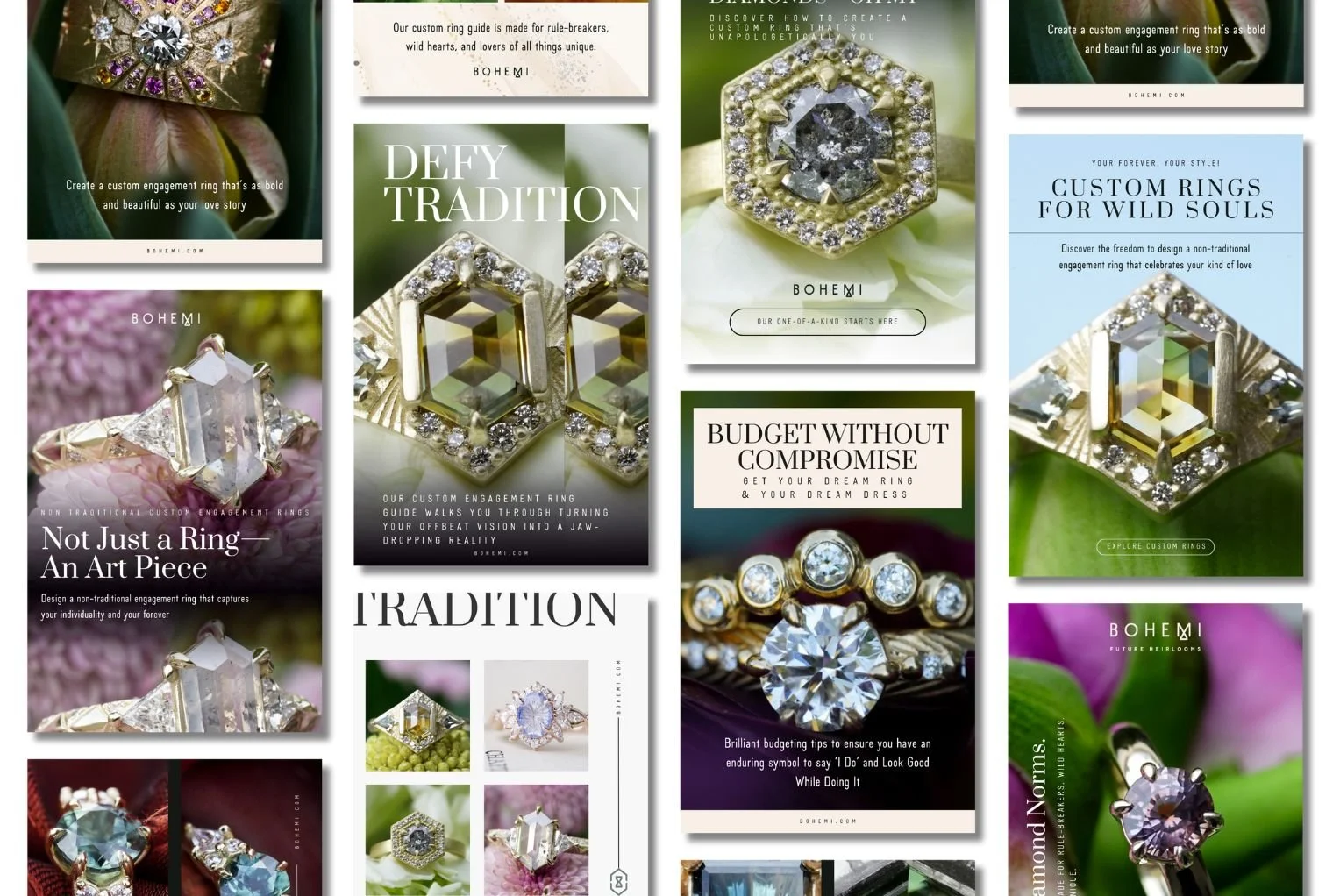 A grid of custom Pinterest pin designs with storytelling text overlay.