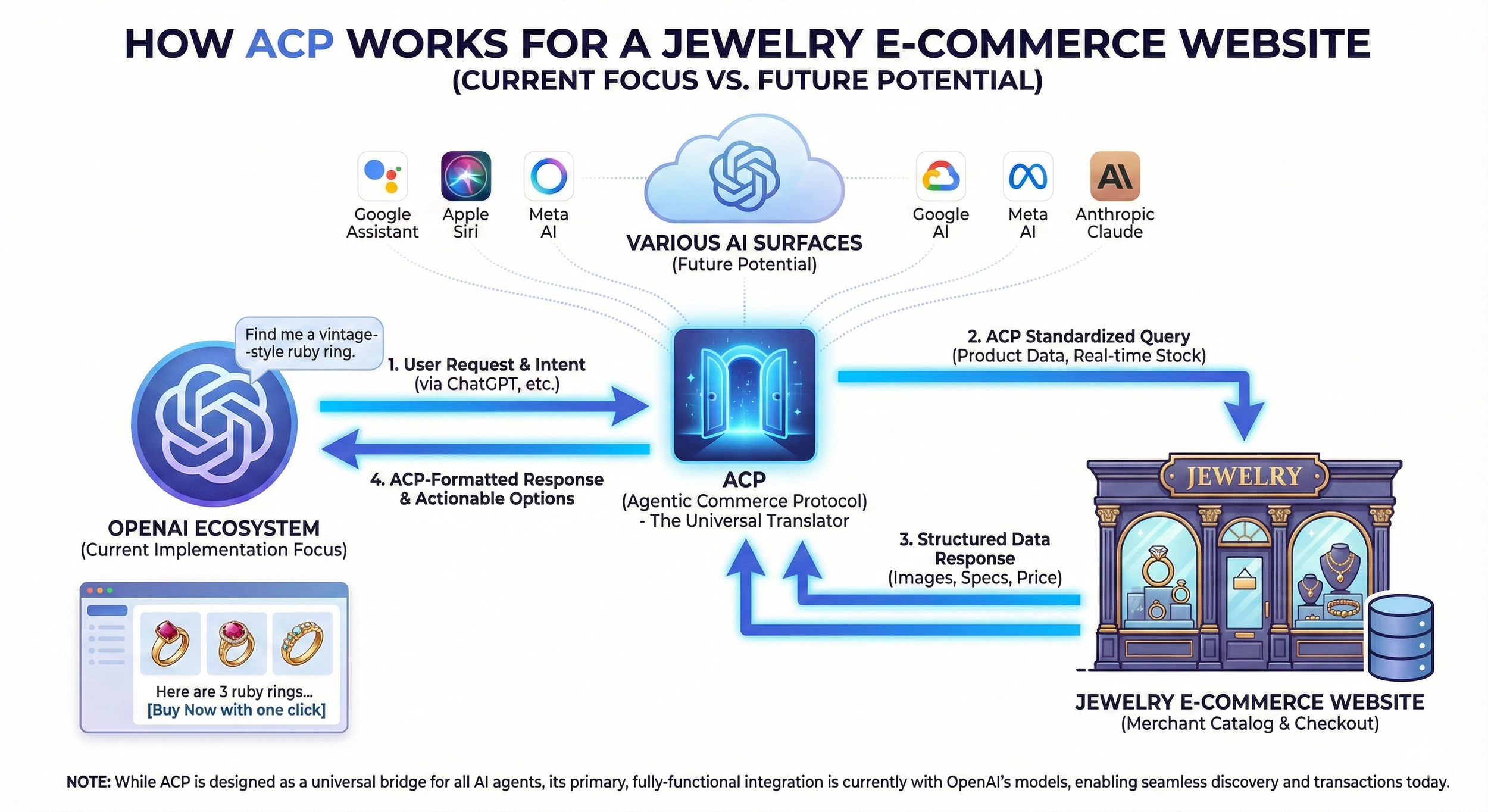 an infographic that displays how ACP works for an e-commerce website for jewelry highlighting that it is intended to work across various AI surfaces, but its current implementation is focused on the OpenAI ecosystem