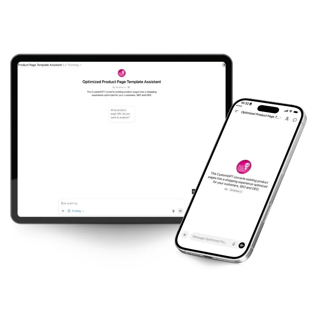 Optimized Product Page Template Assistant on a iPad and iPhone mockup