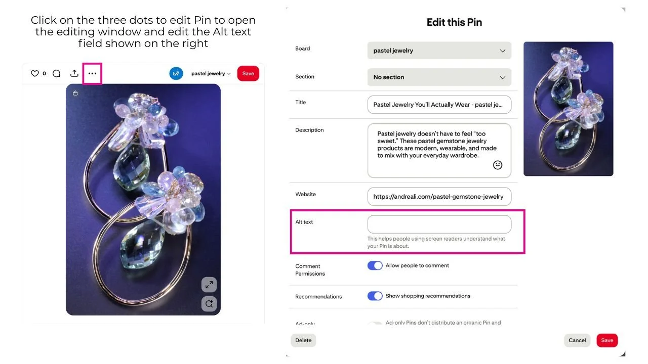 Infographic on how to add alt text to an existing Pin