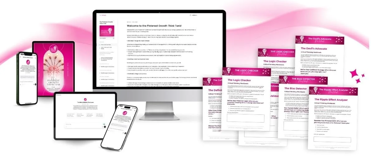 Digital devices displaying a pink-themed online growth workshop, with printed workbooks titled 'The Logic Checker' and 'The Bias Detector' for critical thinking exercises.
