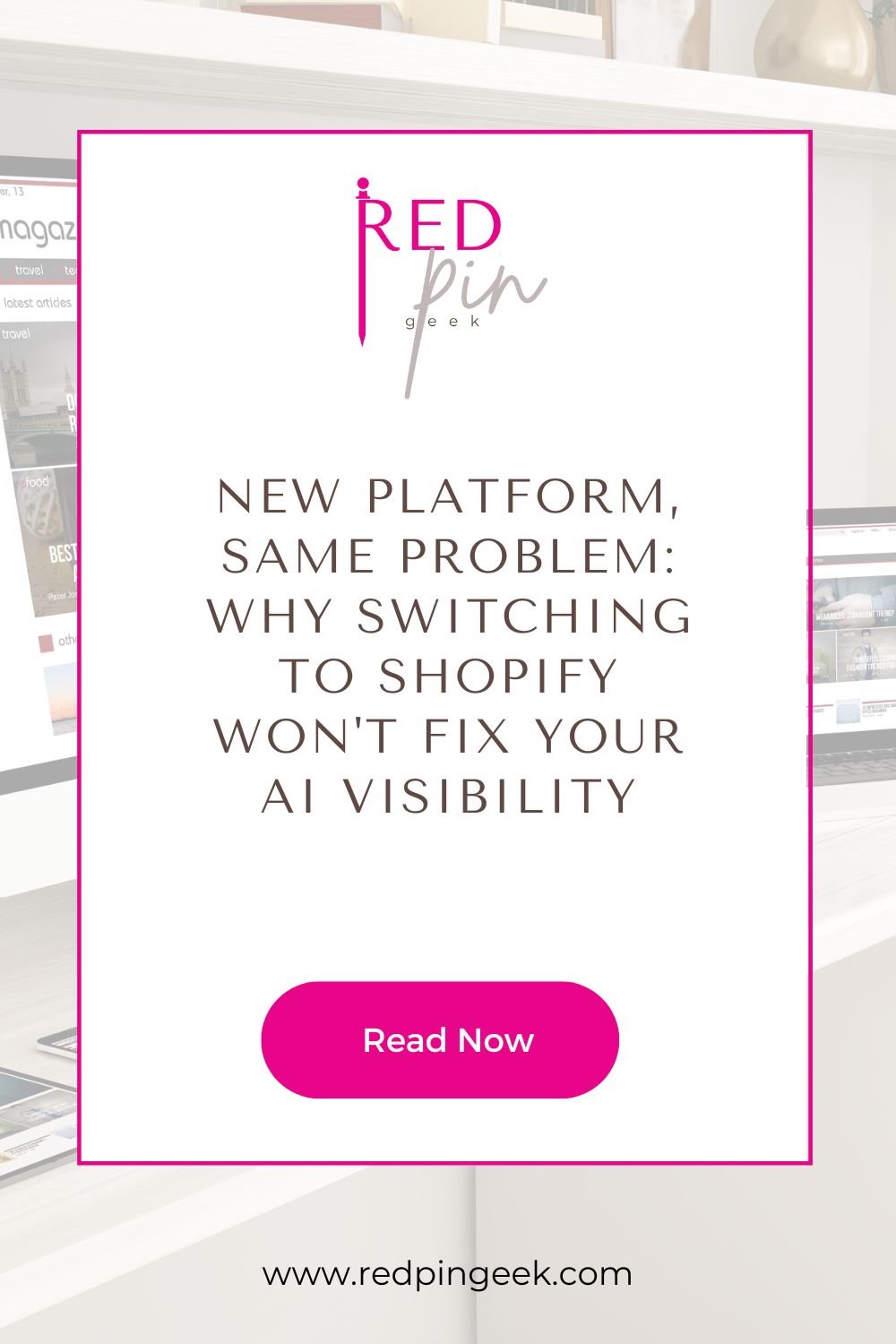 promotional blog graphic for and article New Platform, Same Problem: Why Switching to Shopify Won't Fix Your AI Visibility with computers in the background