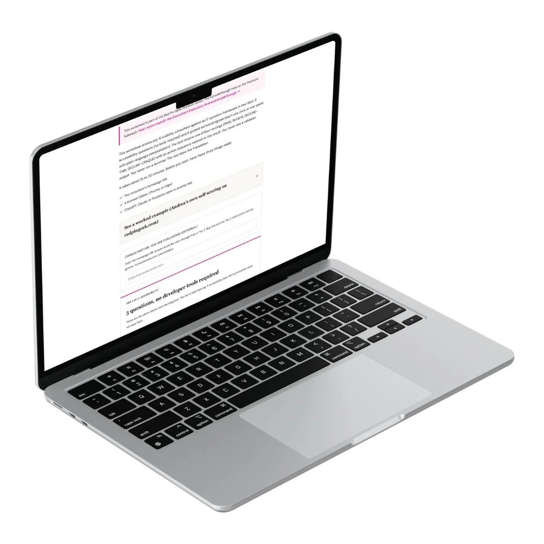 open laptop computer with the premium tools consultant evaluation scorecard