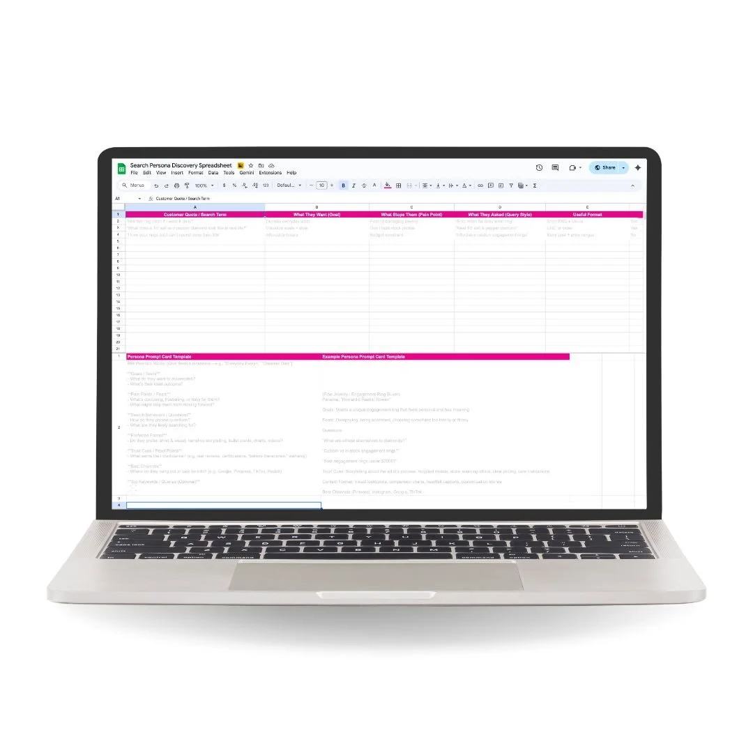 Search Persona discovery spreadsheet displayed on a laptop