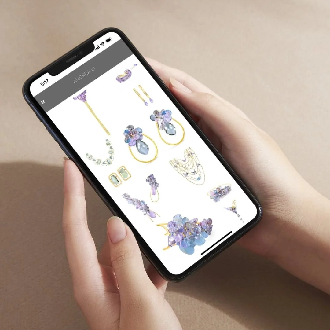 woman shopping Andrea Li jewelry on her phone