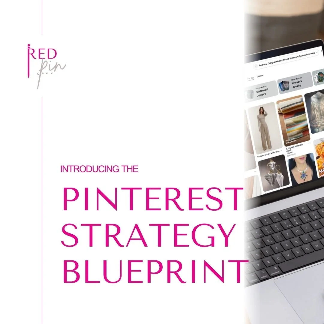 Pinterest Strategy Blueprint graphic with the Pinterest website on a laptop