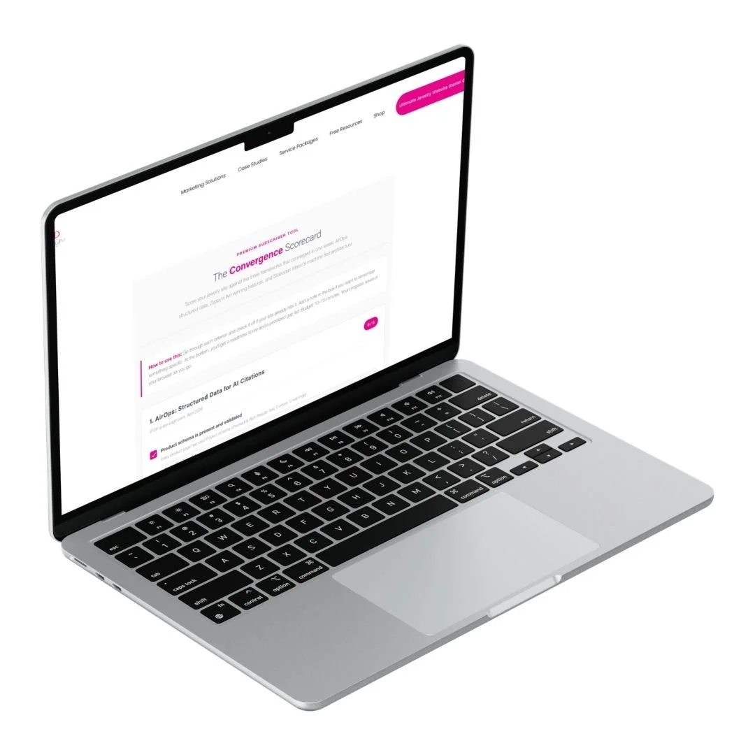 Angled silver laptop mockup with black keyboard displaying the Convergence Scorecard tool on screen against a light gray background.